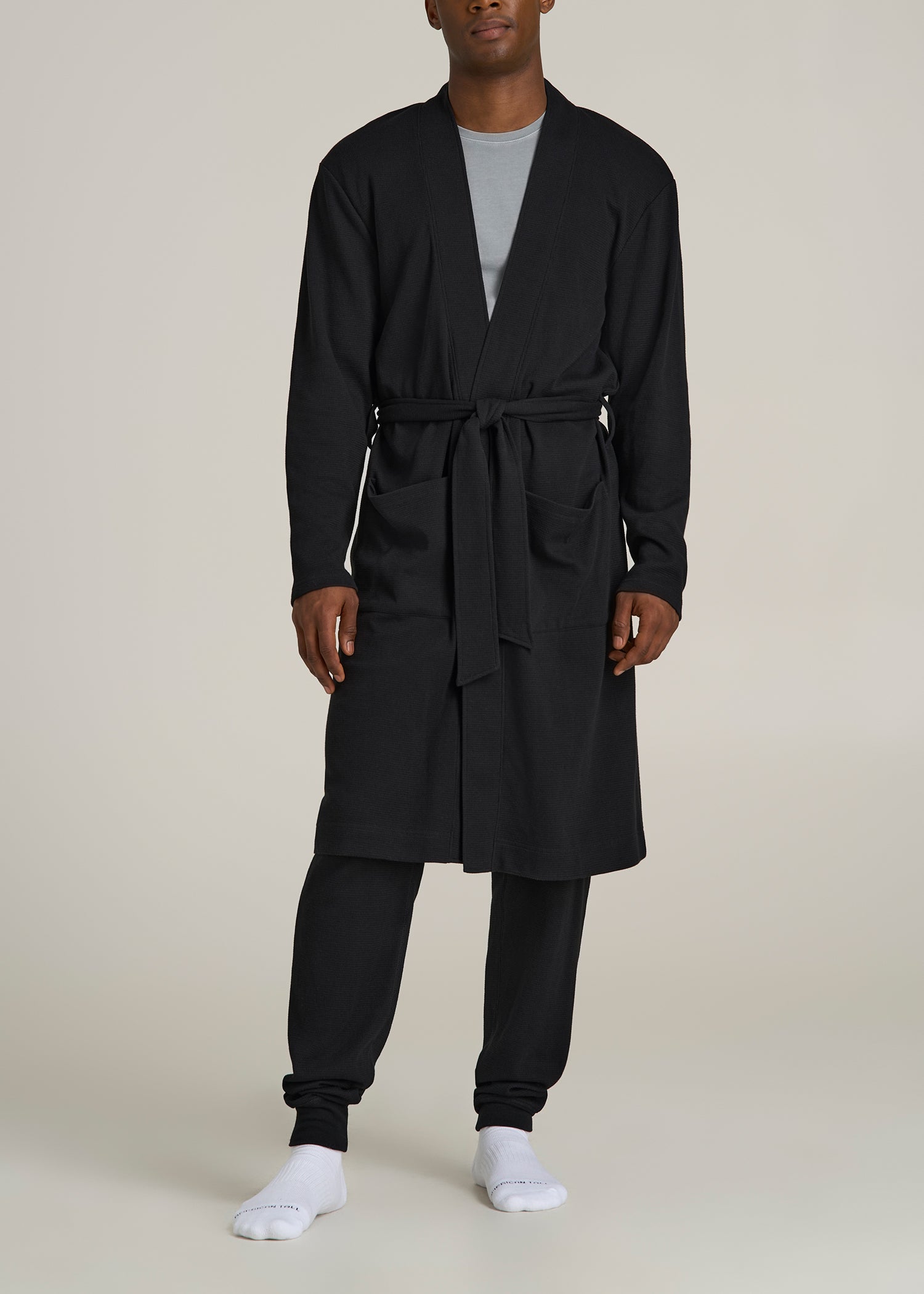 Waffle-Knit Lounge Robe for Tall Men in Black
