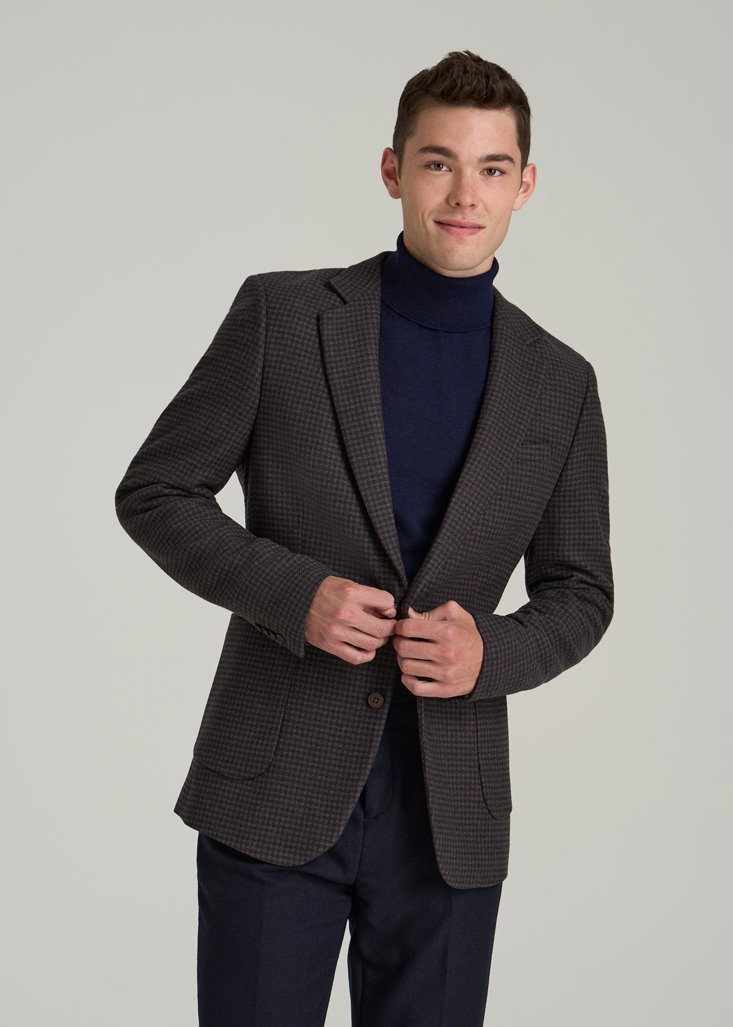 Wool Blend Blazer for Tall Men in Indigo and Brown Houndstooth