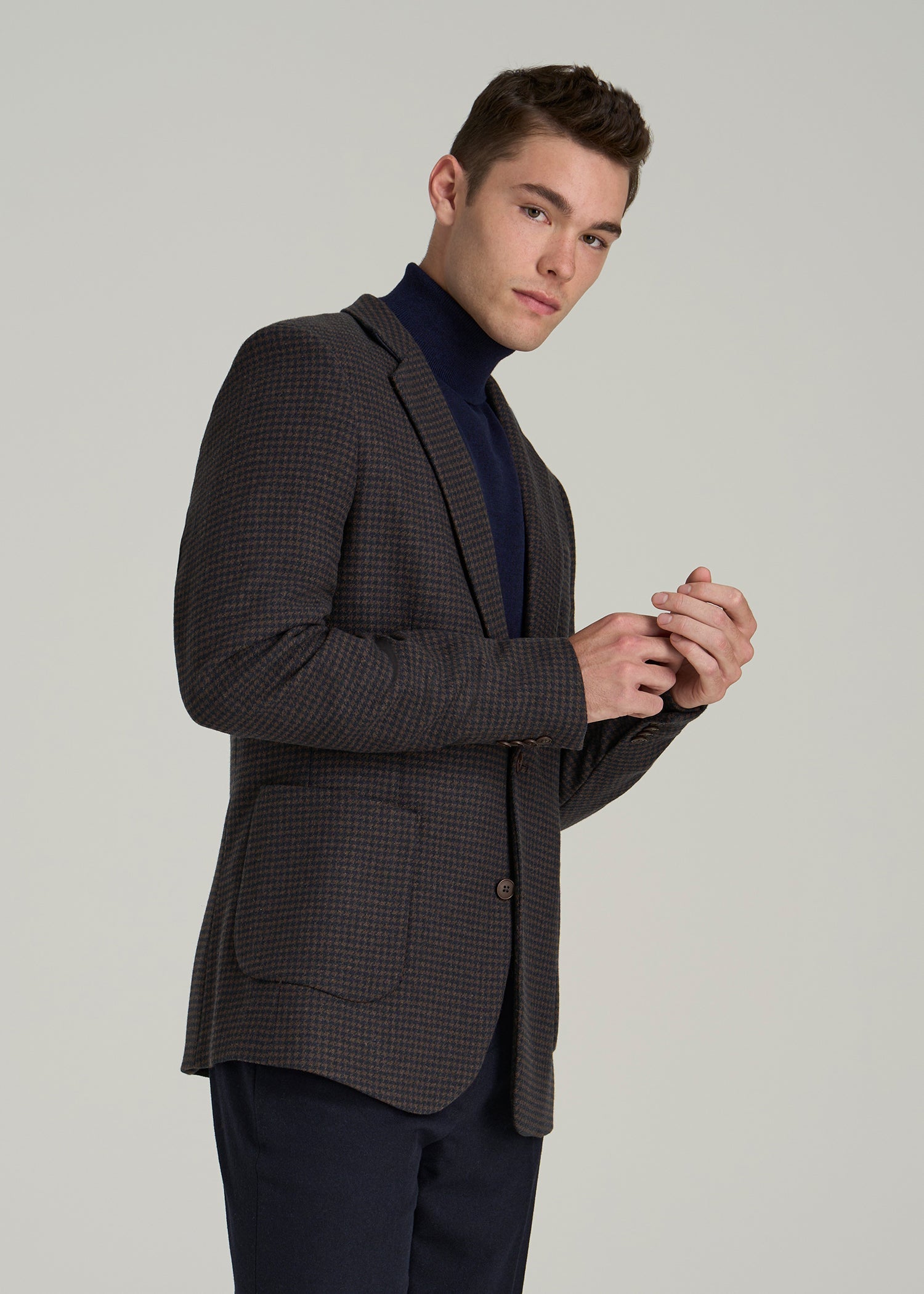 Wool Blend Blazer for Tall Men in Indigo and Brown Houndstooth