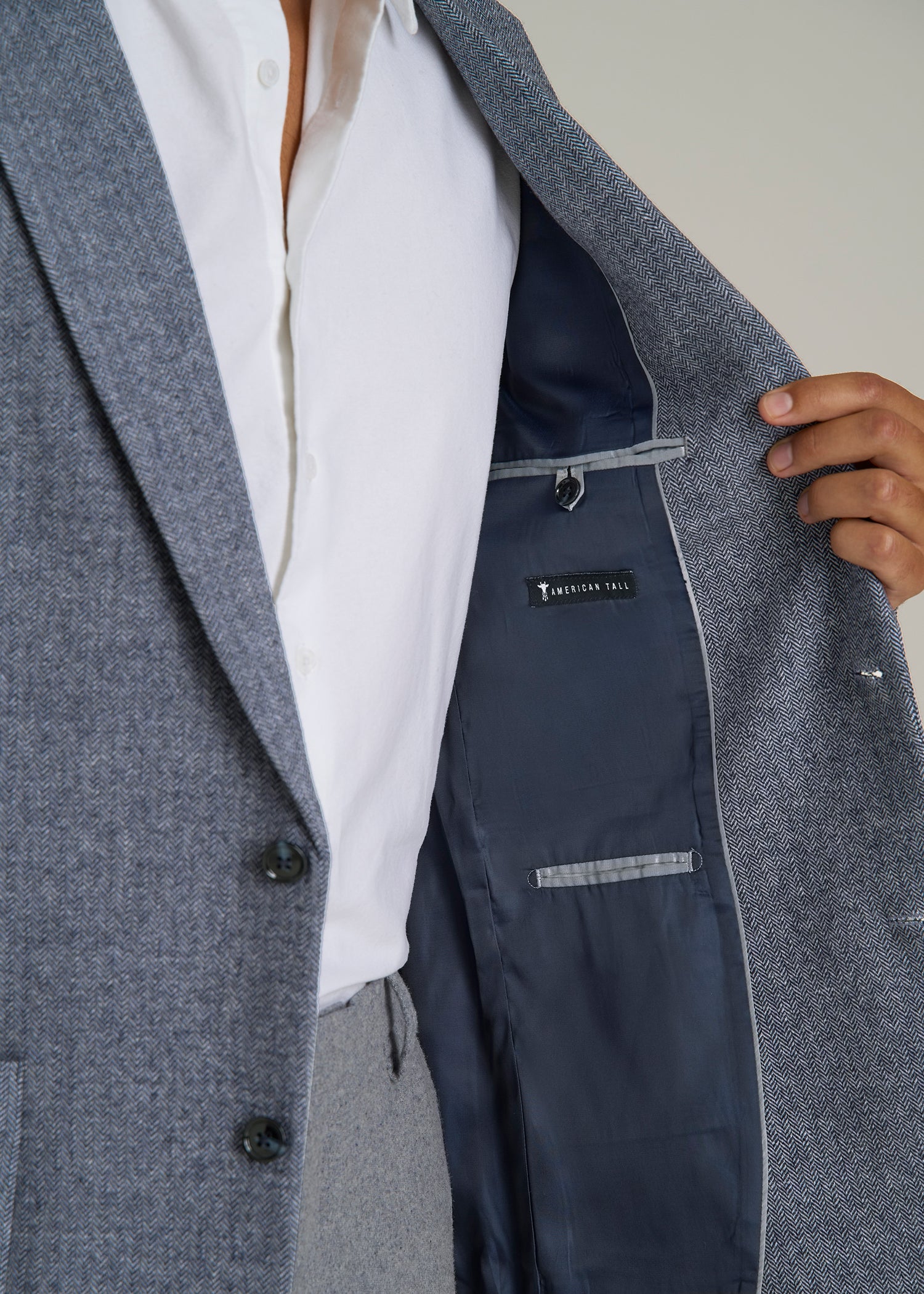 Wool Blend Blazer for Tall Men in Navy Herringbone