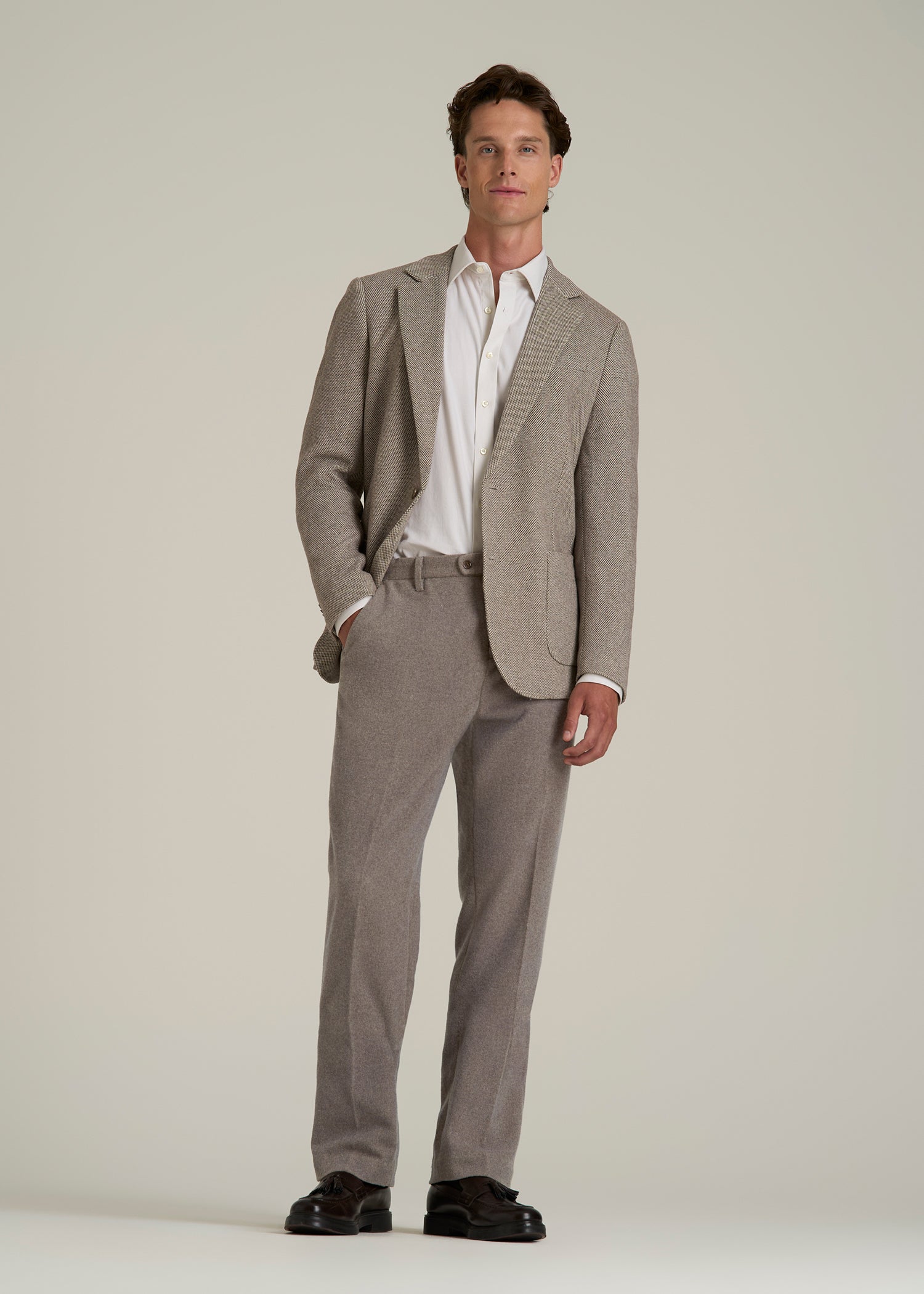 Wool Blend Dress Pants for Tall Men in Taupe Mix