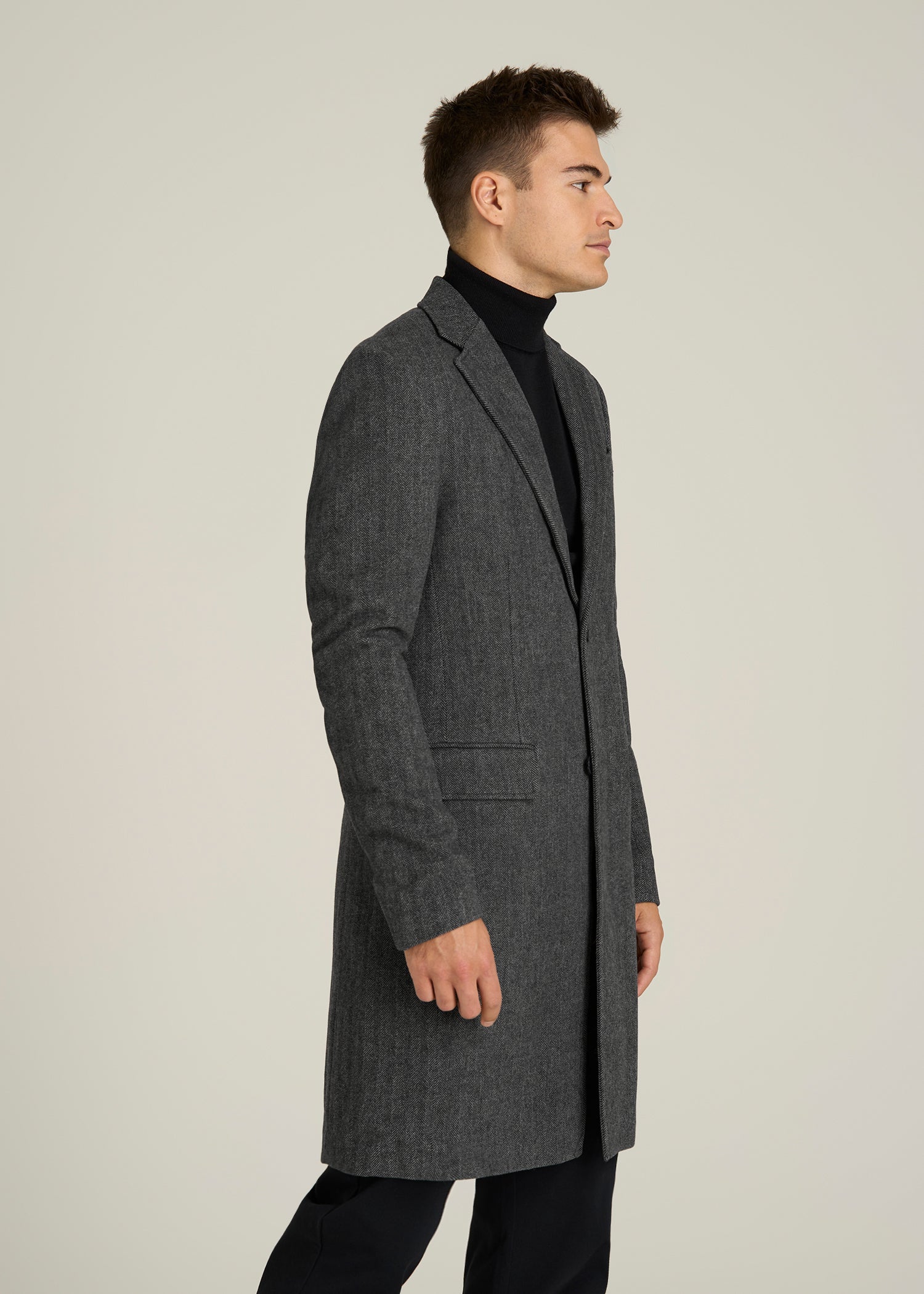 Wool Coat for Tall Men in Grey and Black Herringbone