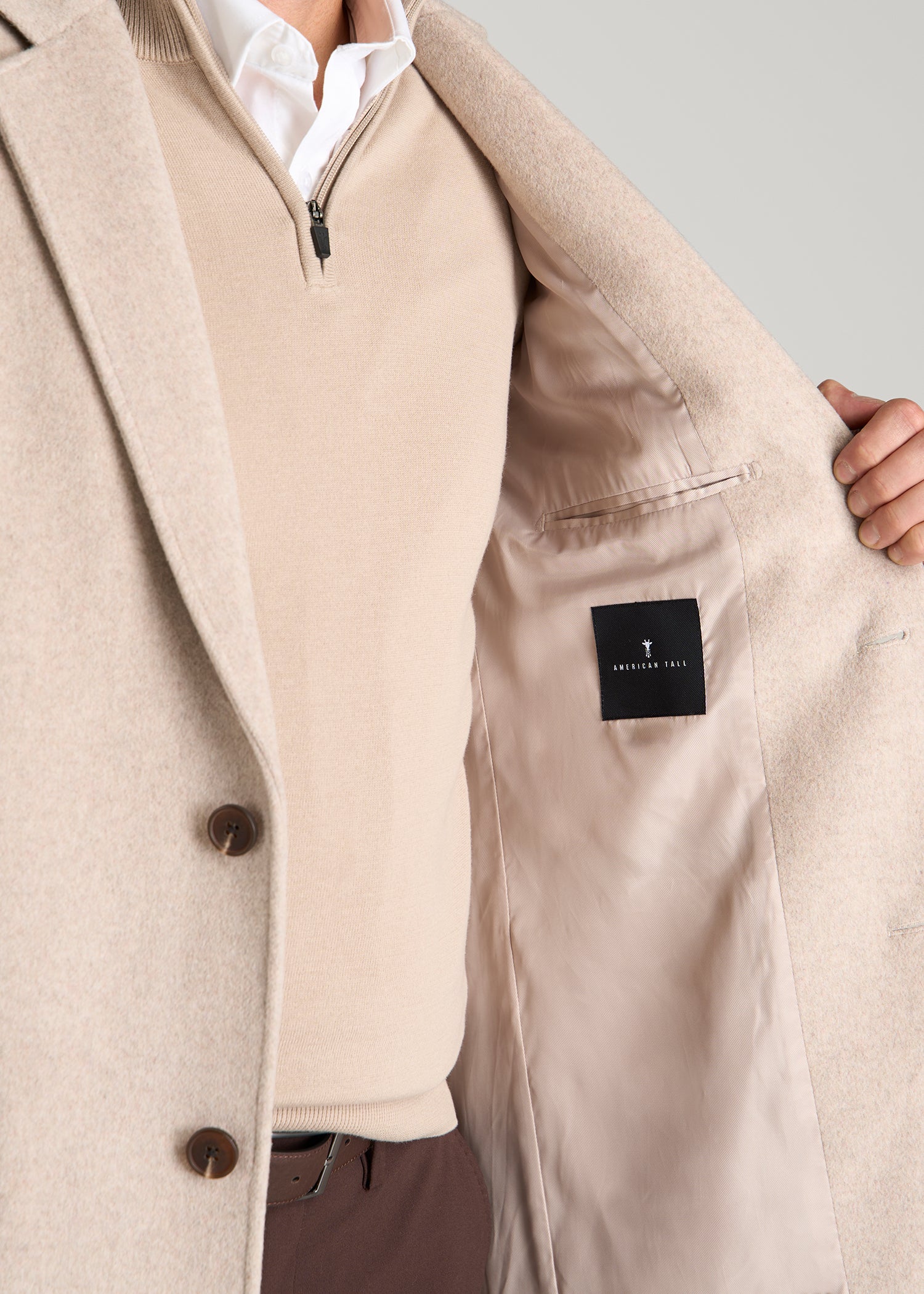 Wool Coat for Tall Men in Simply Taupe Mix