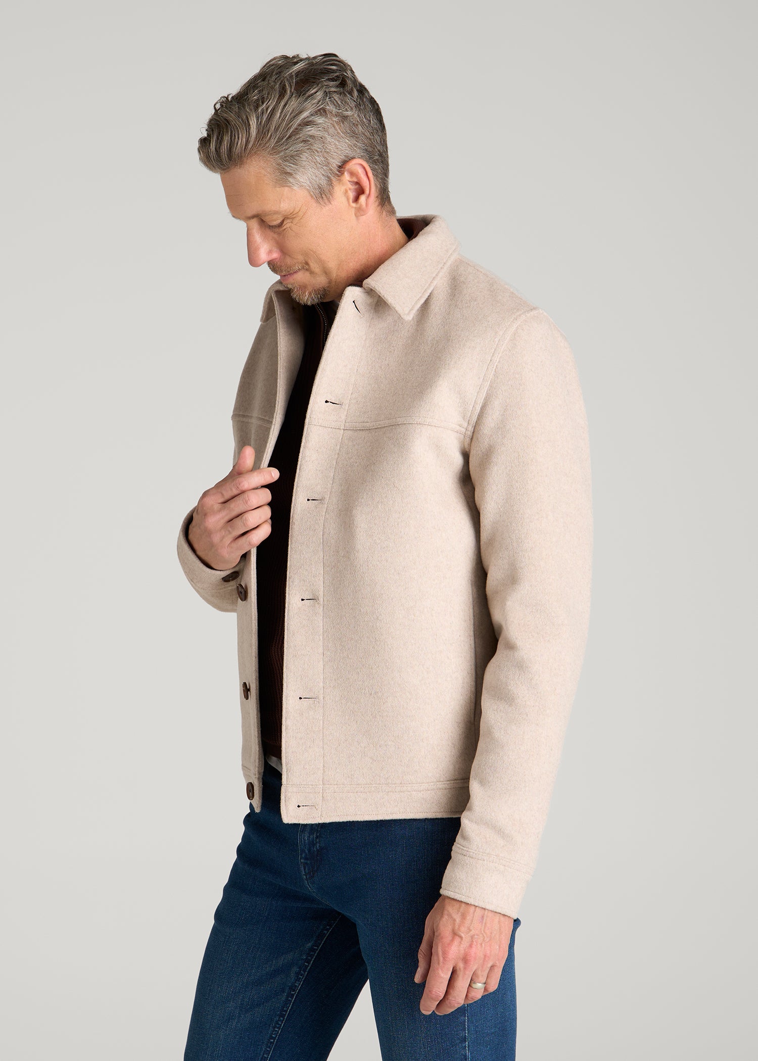 Wool Harrington Jacket for Tall Men in Simply Taupe Mix
