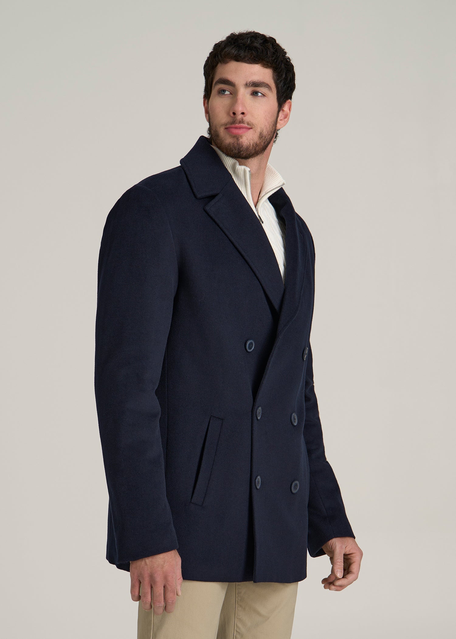 Double-Breasted Wool Peacoat for Tall Men in Deep Navy