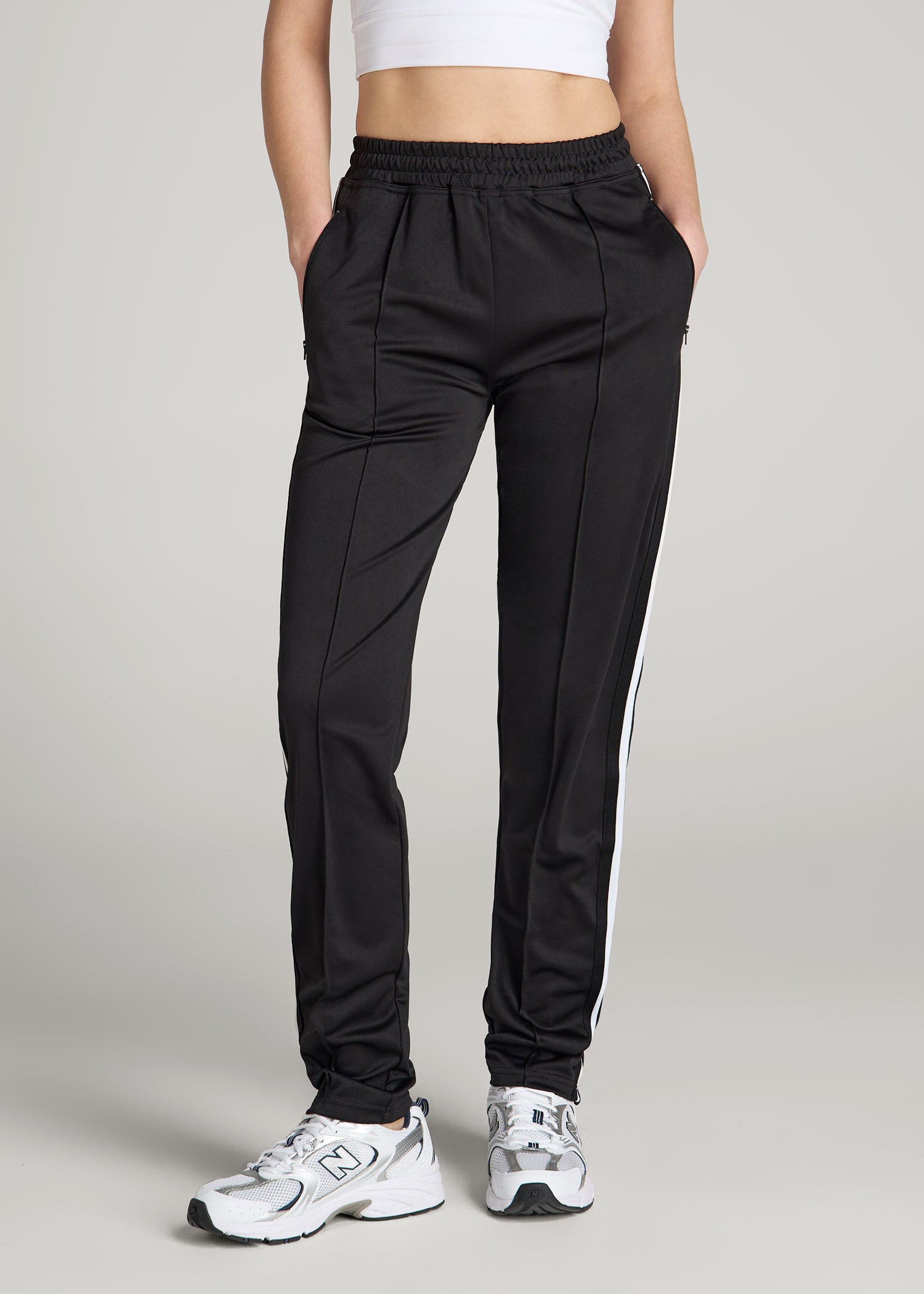 Ultra Lightweight Tricot Athletic Stripe Pants for Tall Women in Black and White L / Tall / Black and White
