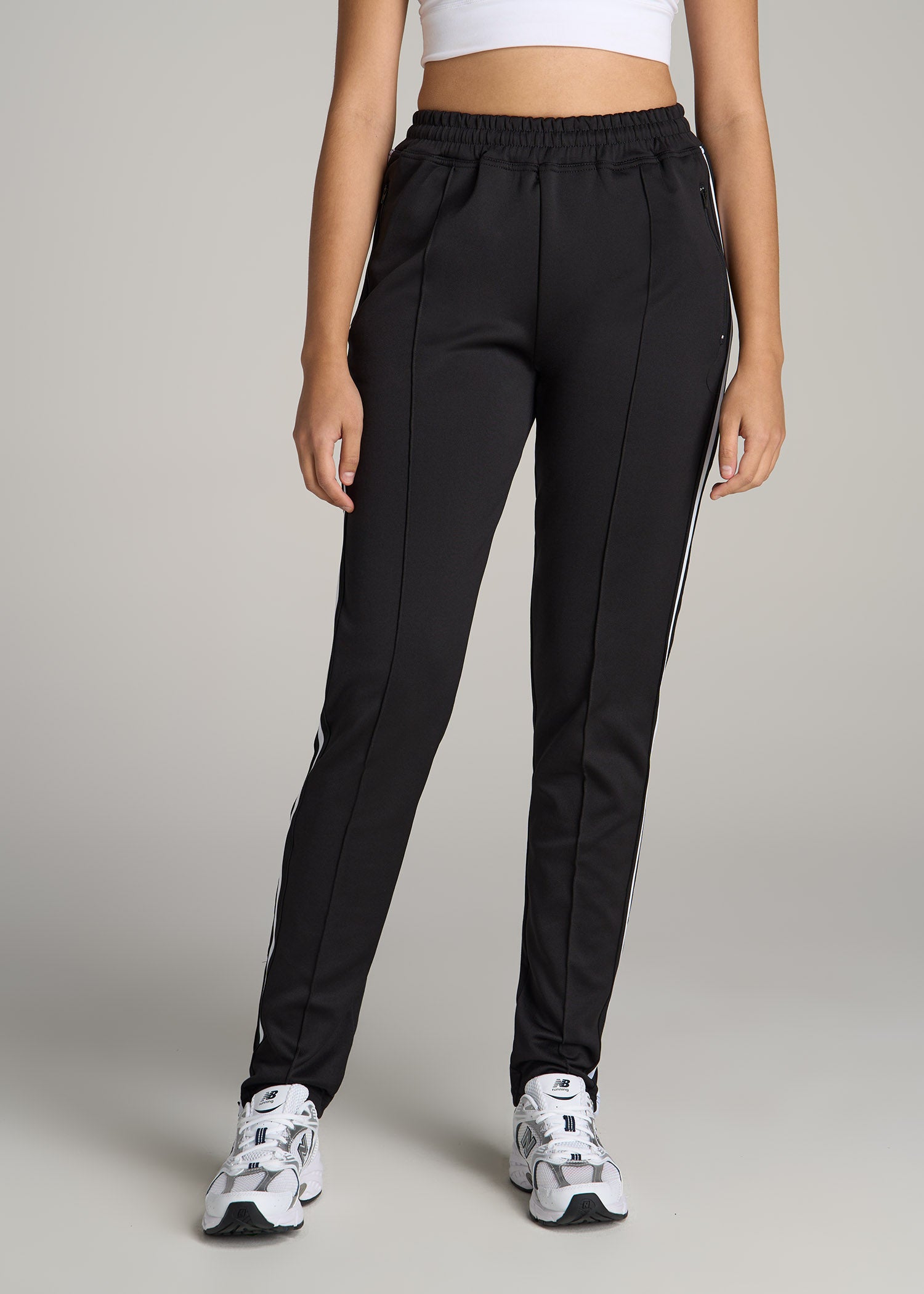 Women's Tall Track Pants: Tall Athletic Black White Stripe Pant