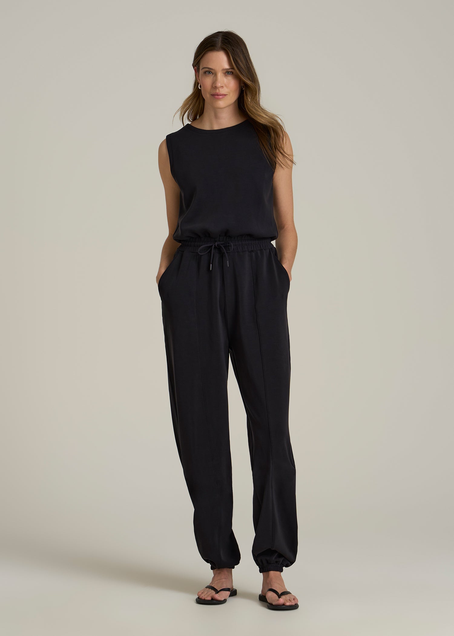 Soft Motion Sleeveless Sweatpant Jumpsuit for Tall Women in Black