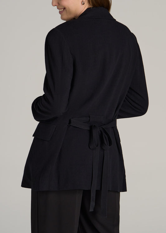 Linen Blend Tie Back Blazer For Tall Women in Black