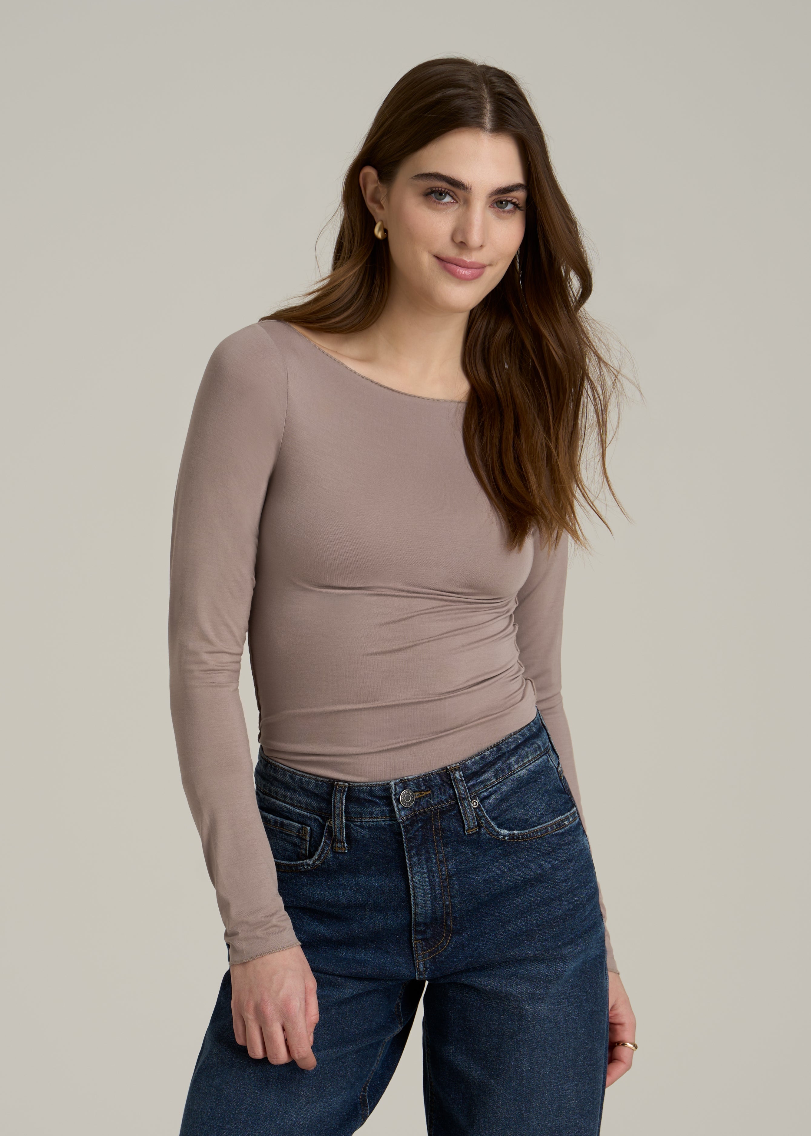 Boatneck Long Sleeve Exposed Seam Top for Tall Women in Dark Sand