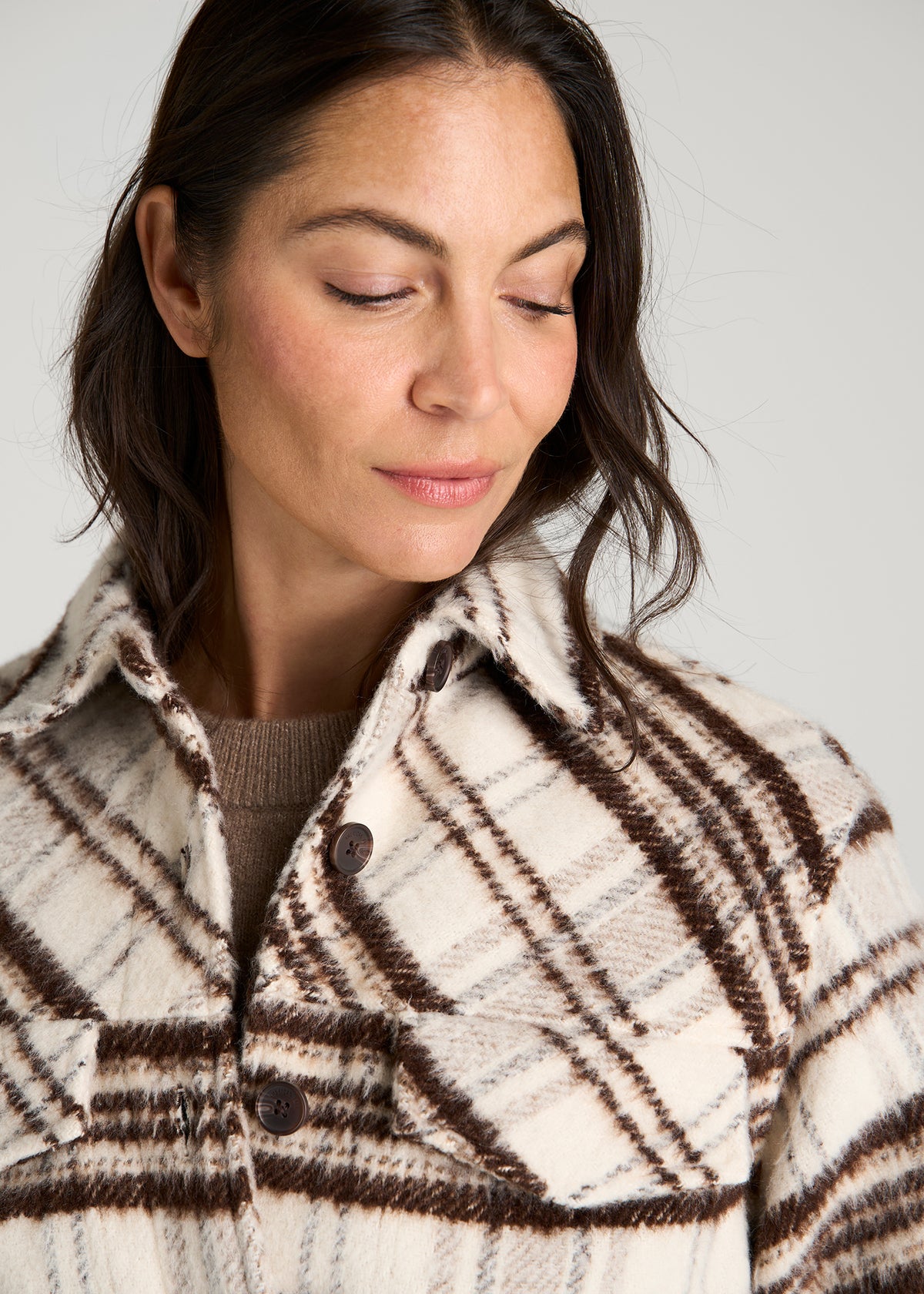 Brushed Plaid Shirt Jacket for Tall Women in White Sand Plaid