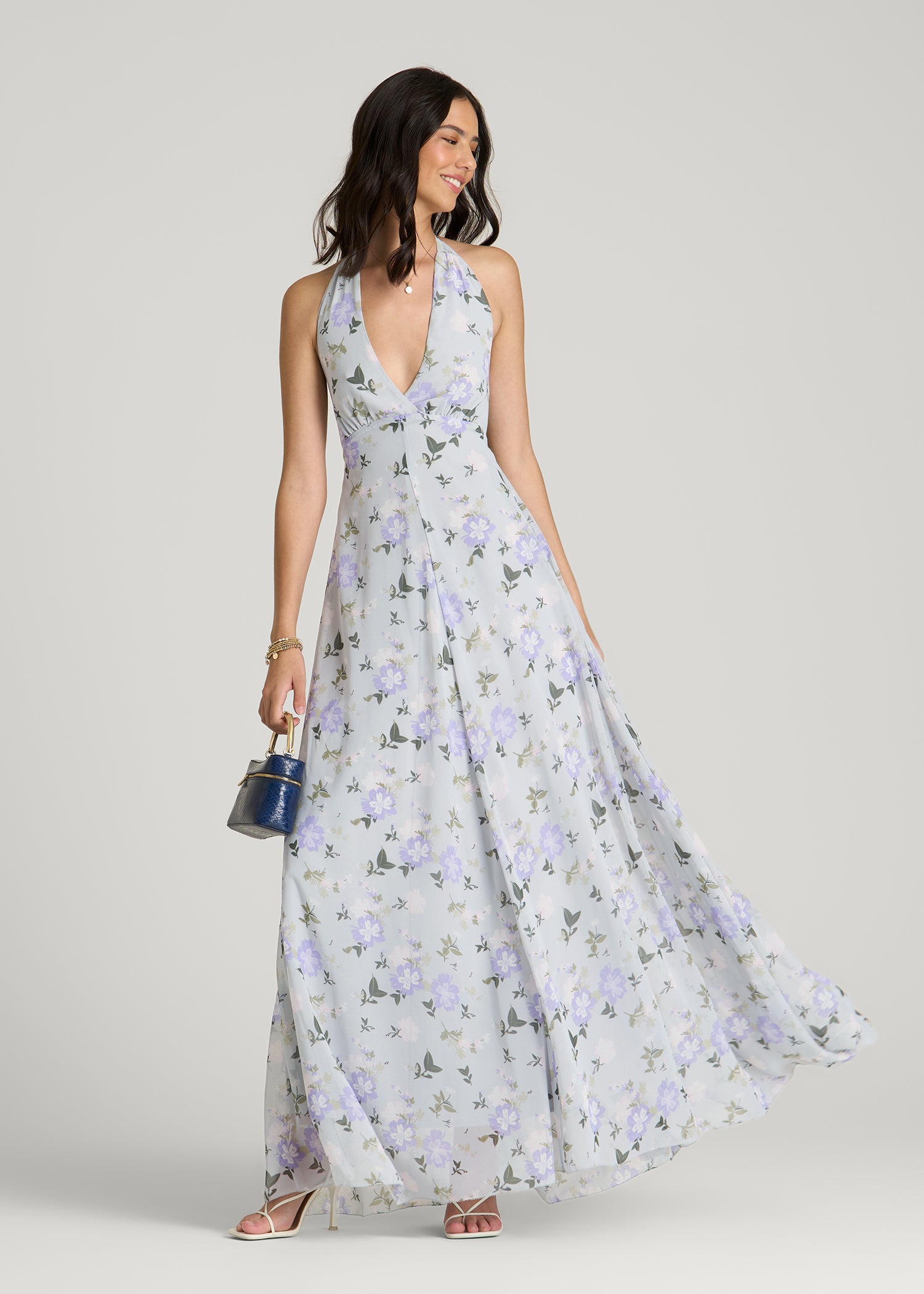 Chiffon Maxi Halter Garden Dress for Tall Women in Grey and Lilac Floral