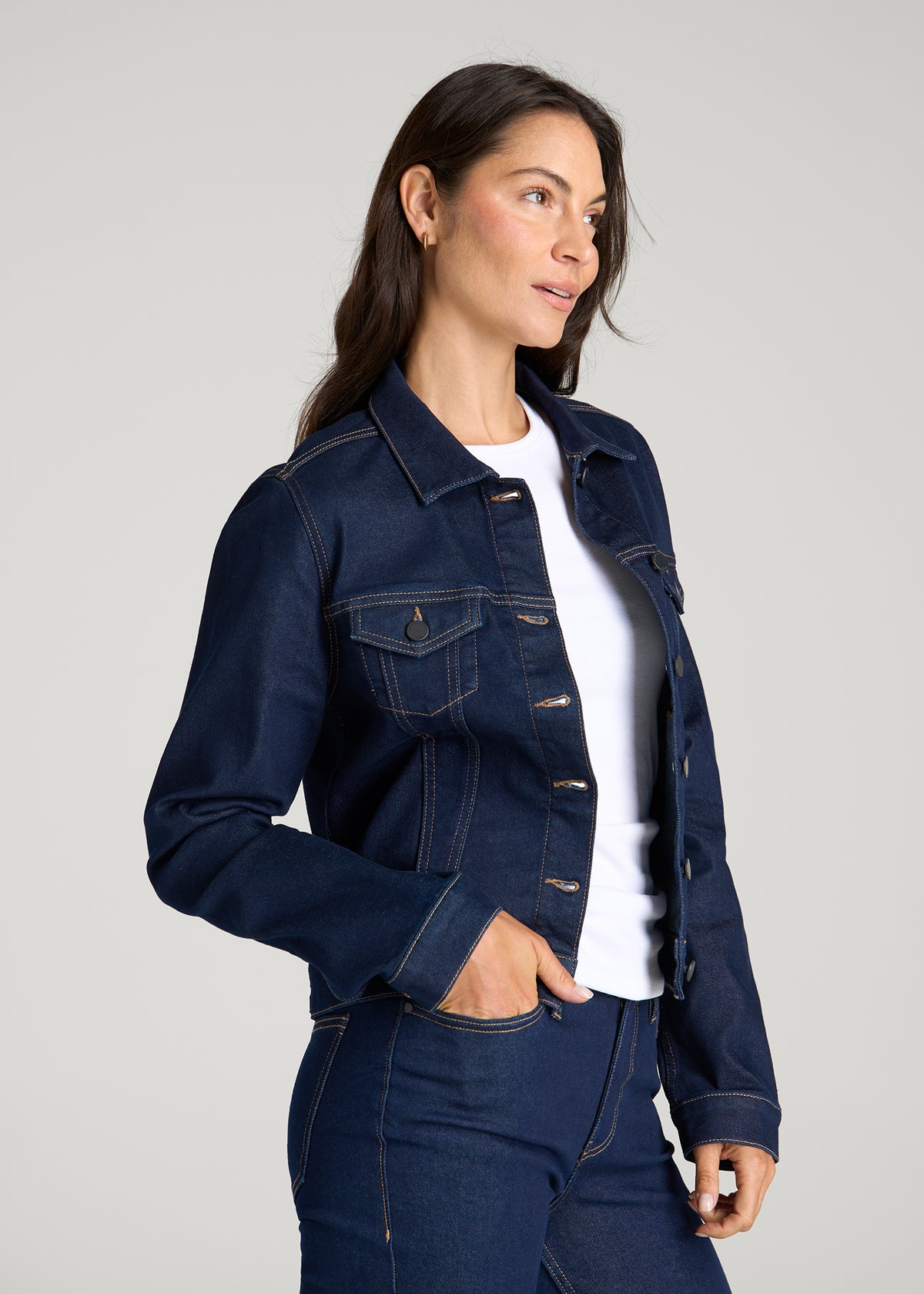 Classic Denim Jacket for Tall Women in Deep Indigo Wash