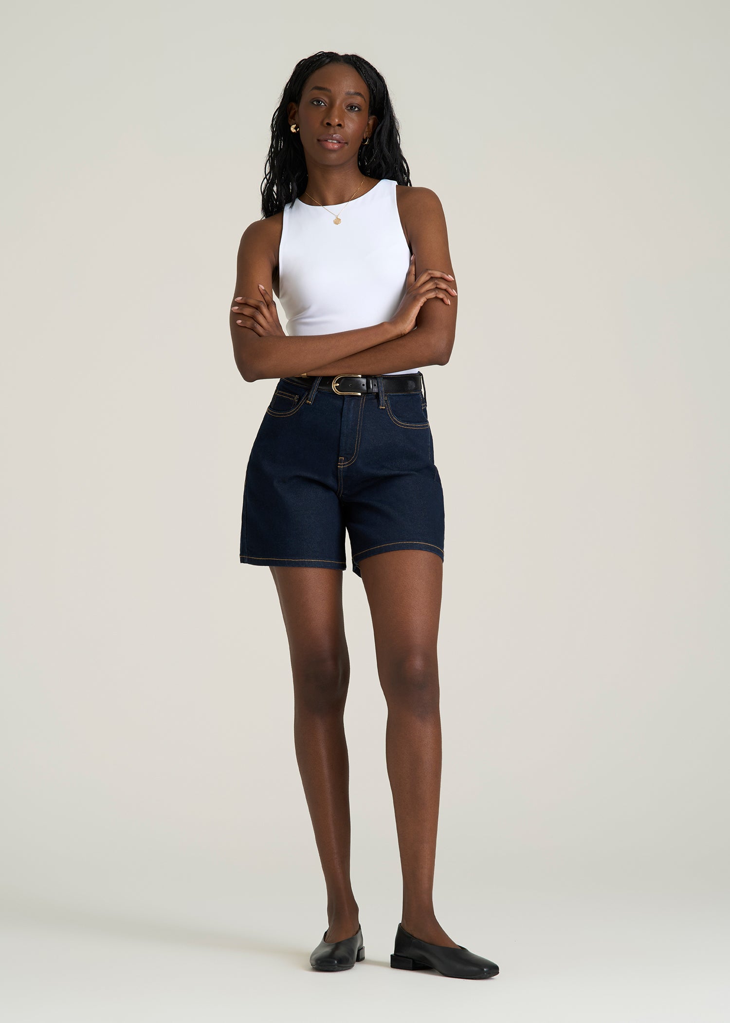 Stretch Denim Shorts for Tall Women in Deep Indigo Wash