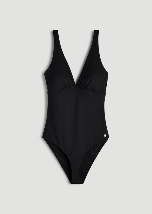 Classic V-Neck One Piece Swimsuit for Tall Women in Deep Black