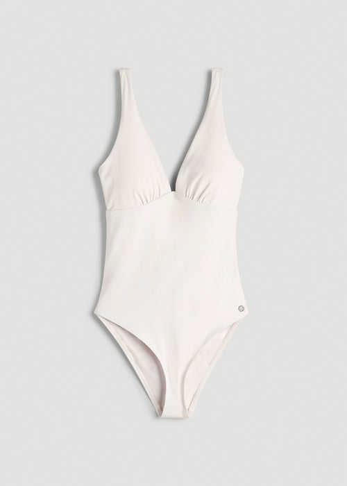 Classic V-Neck One Piece Swimsuit for Tall Women in White Sand