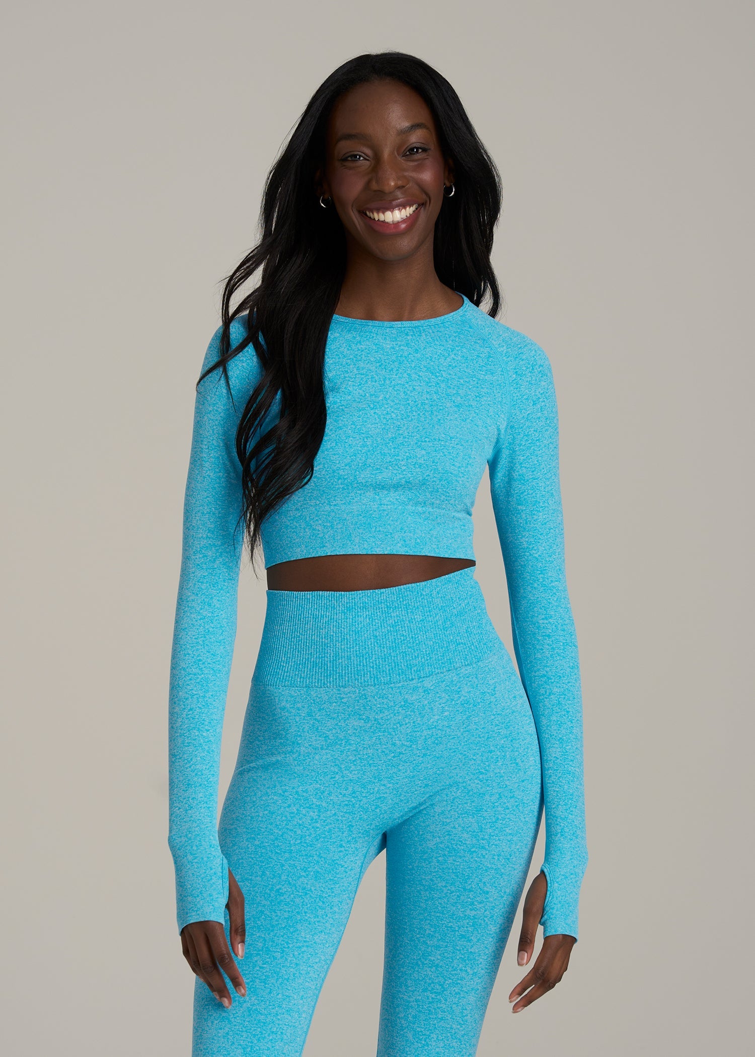 Compression Long Sleeve Cropped Training Top for Tall Women in Scuba Blue Mix