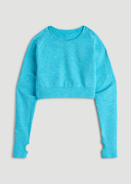 Compression Long Sleeve Cropped Training Top for Tall Women in Scuba Blue Mix
