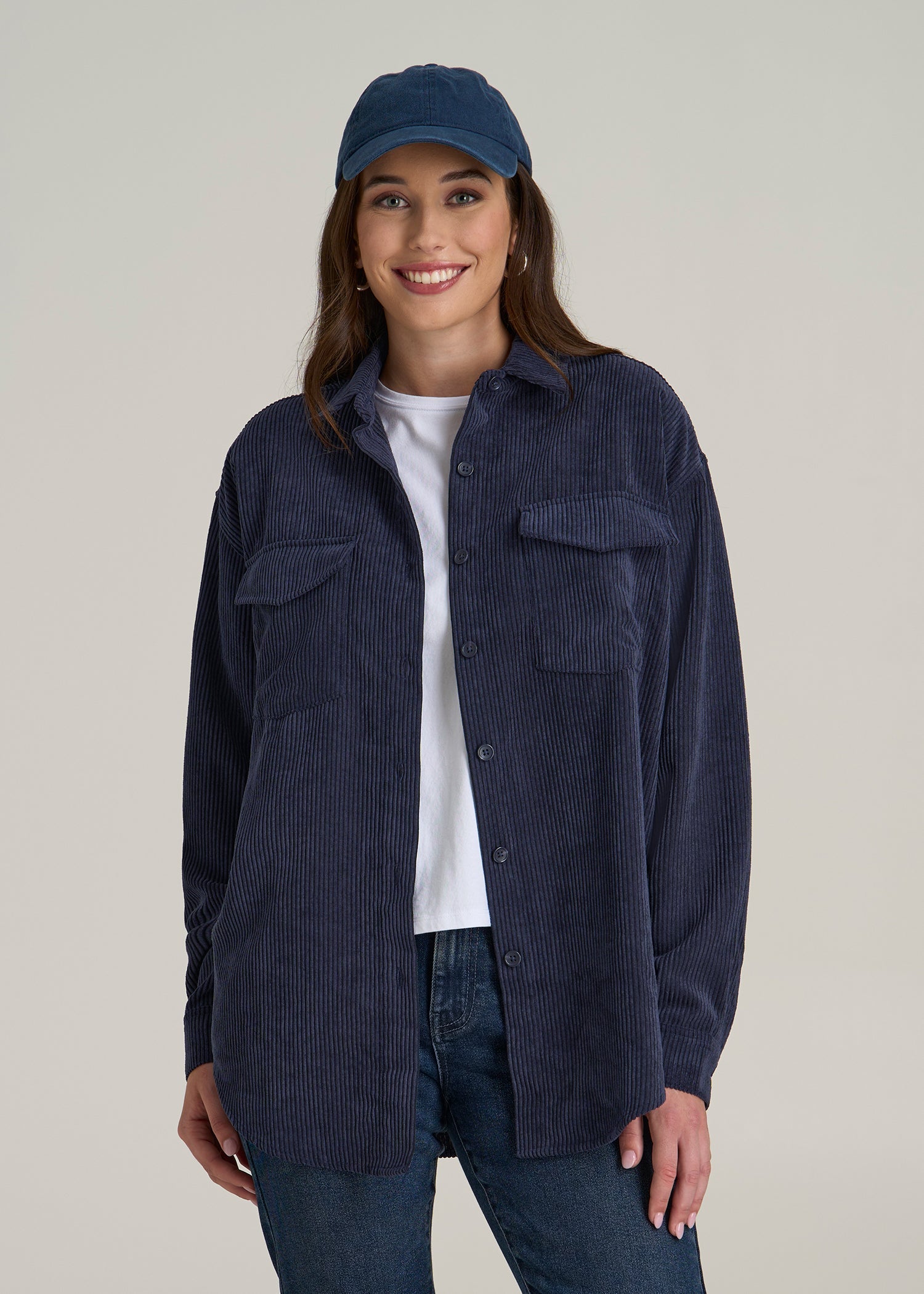 Corduroy Button Shirt for Tall Women in Navy