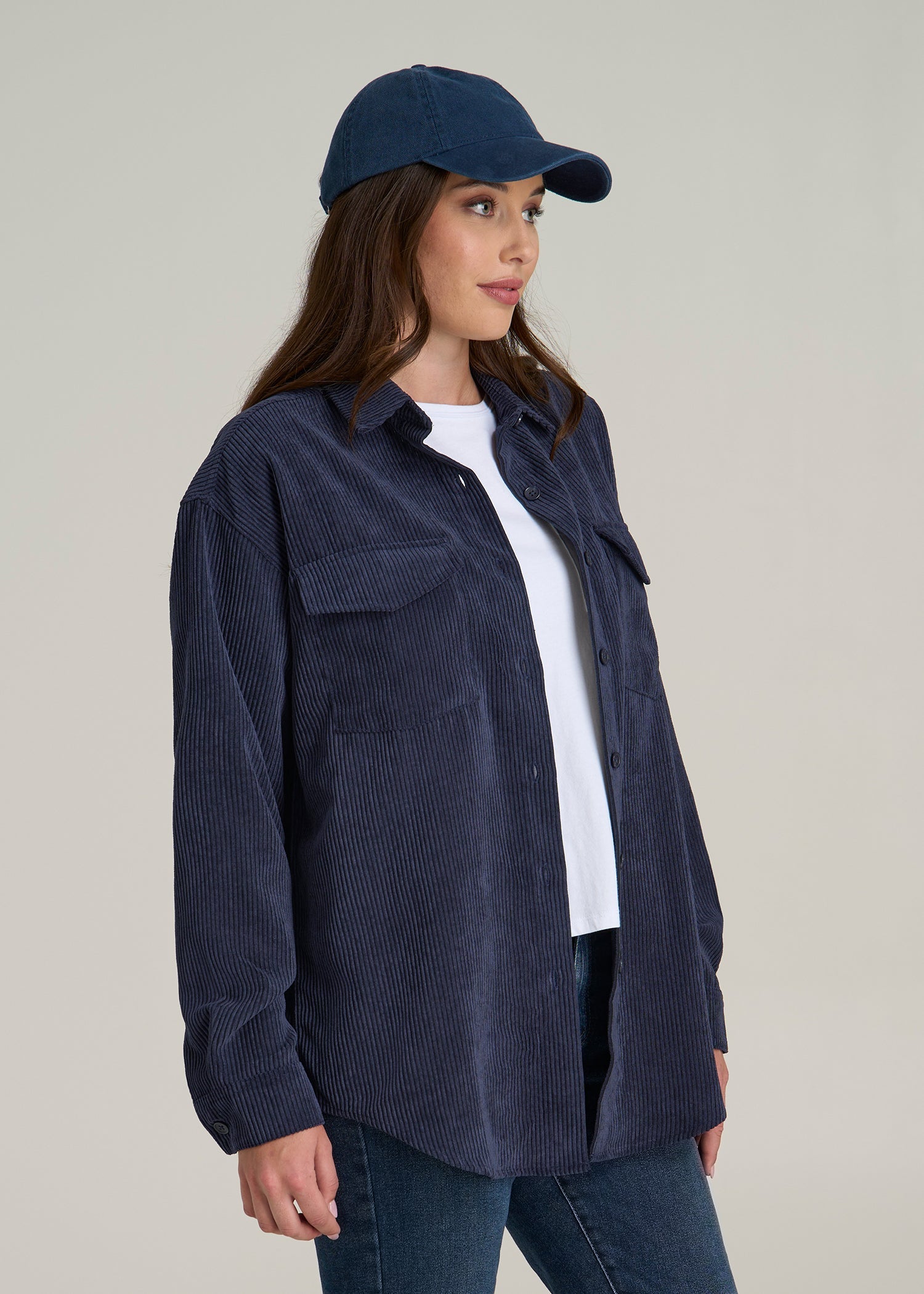 Corduroy Button Shirt for Tall Women in Navy