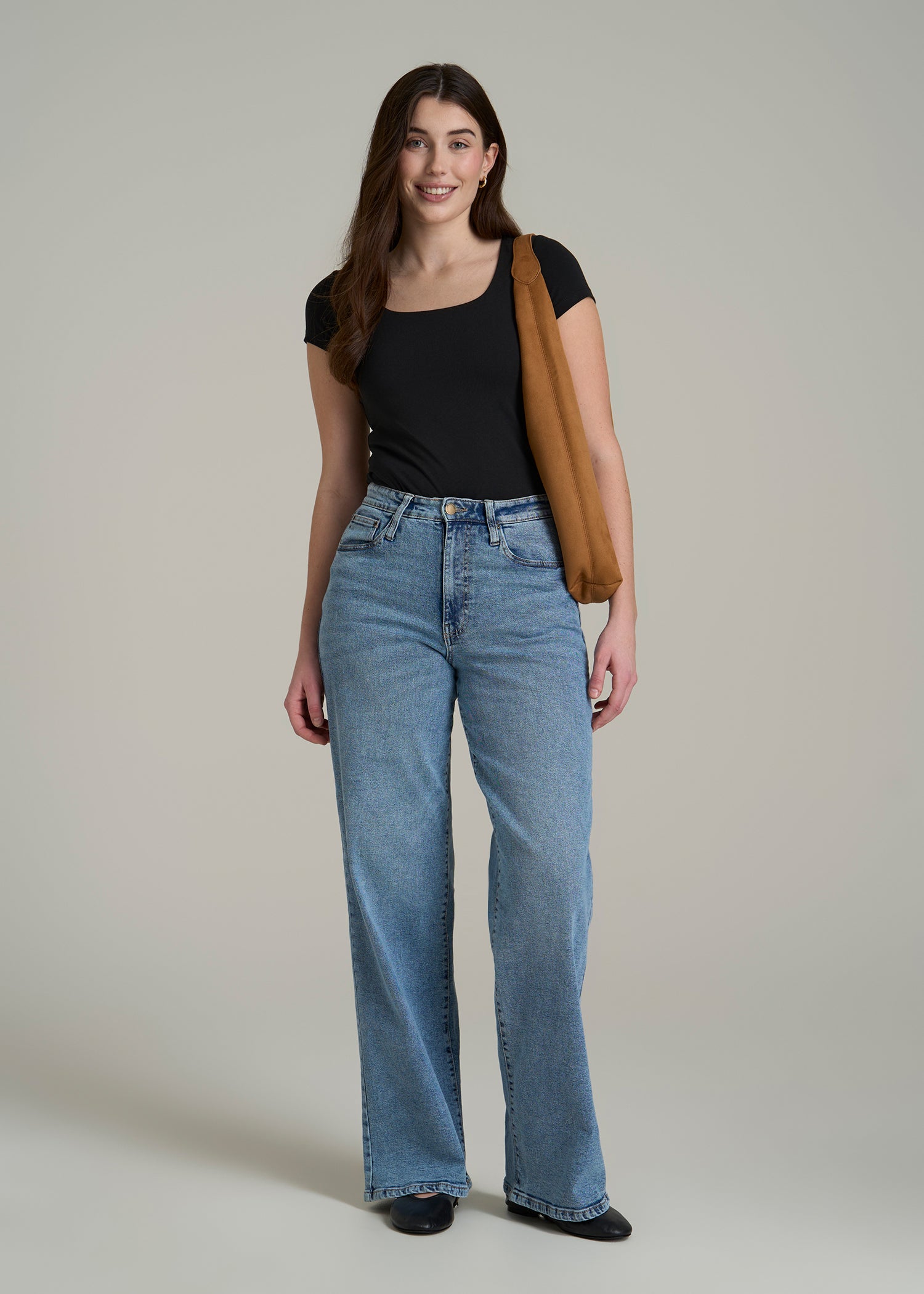 Cotton Blend Short Sleeve Square Neck Bodysuit for Tall Women in Black