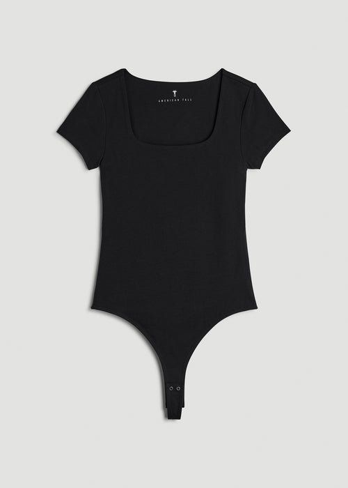 Cotton Blend Short Sleeve Square Neck Bodysuit for Tall Women in Black
