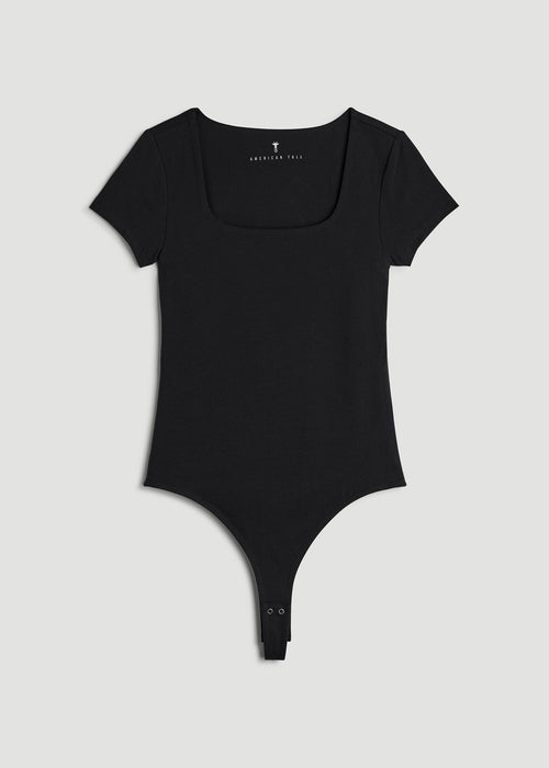Cotton Blend Short Sleeve Square Neck Bodysuit for Tall Women in Black