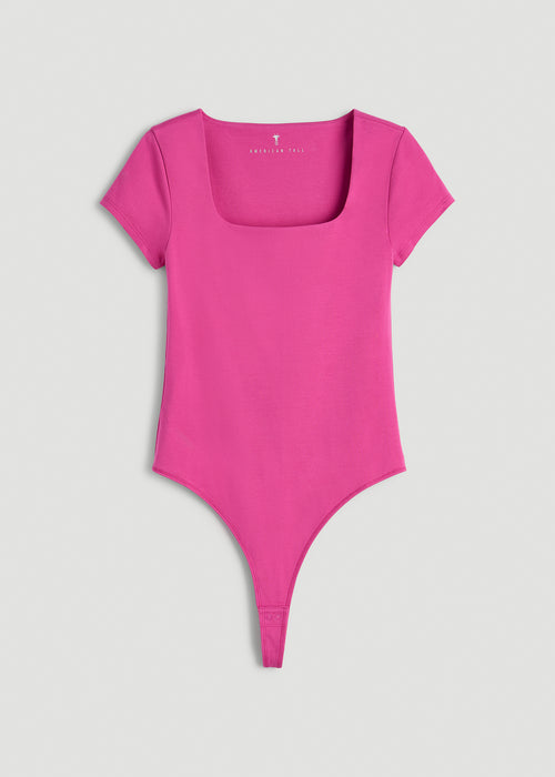 Cotton Blend Short Sleeve Square Neck Bodysuit for Tall Women in Magenta