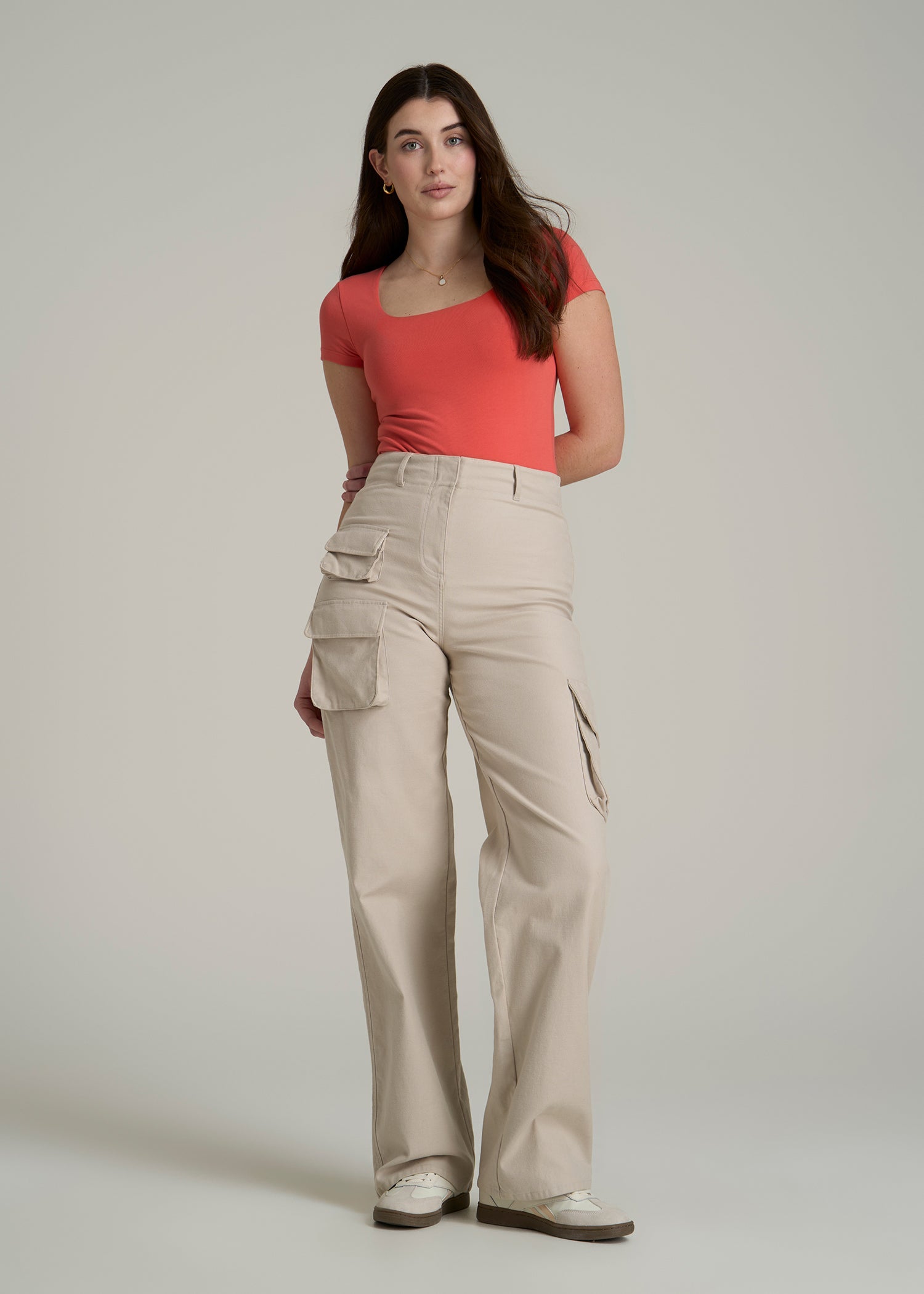 Cotton Blend Short Sleeve Square Neck Bodysuit for Tall Women in Sunset Coral