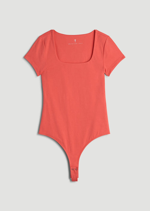 Cotton Blend Short Sleeve Square Neck Bodysuit for Tall Women in Sunset Coral