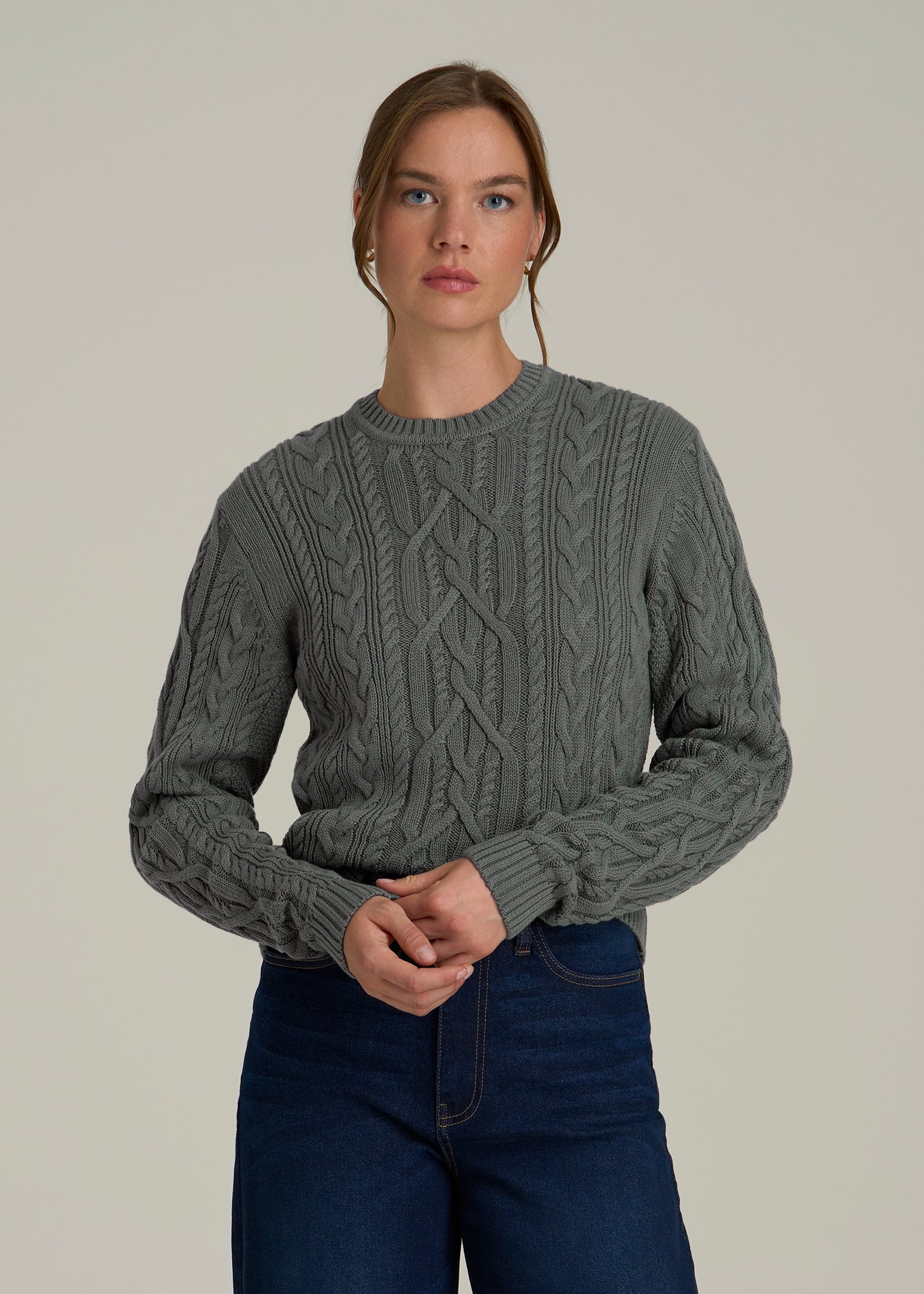 Cotton Crewneck Sweater for Tall Women in Balsam Green