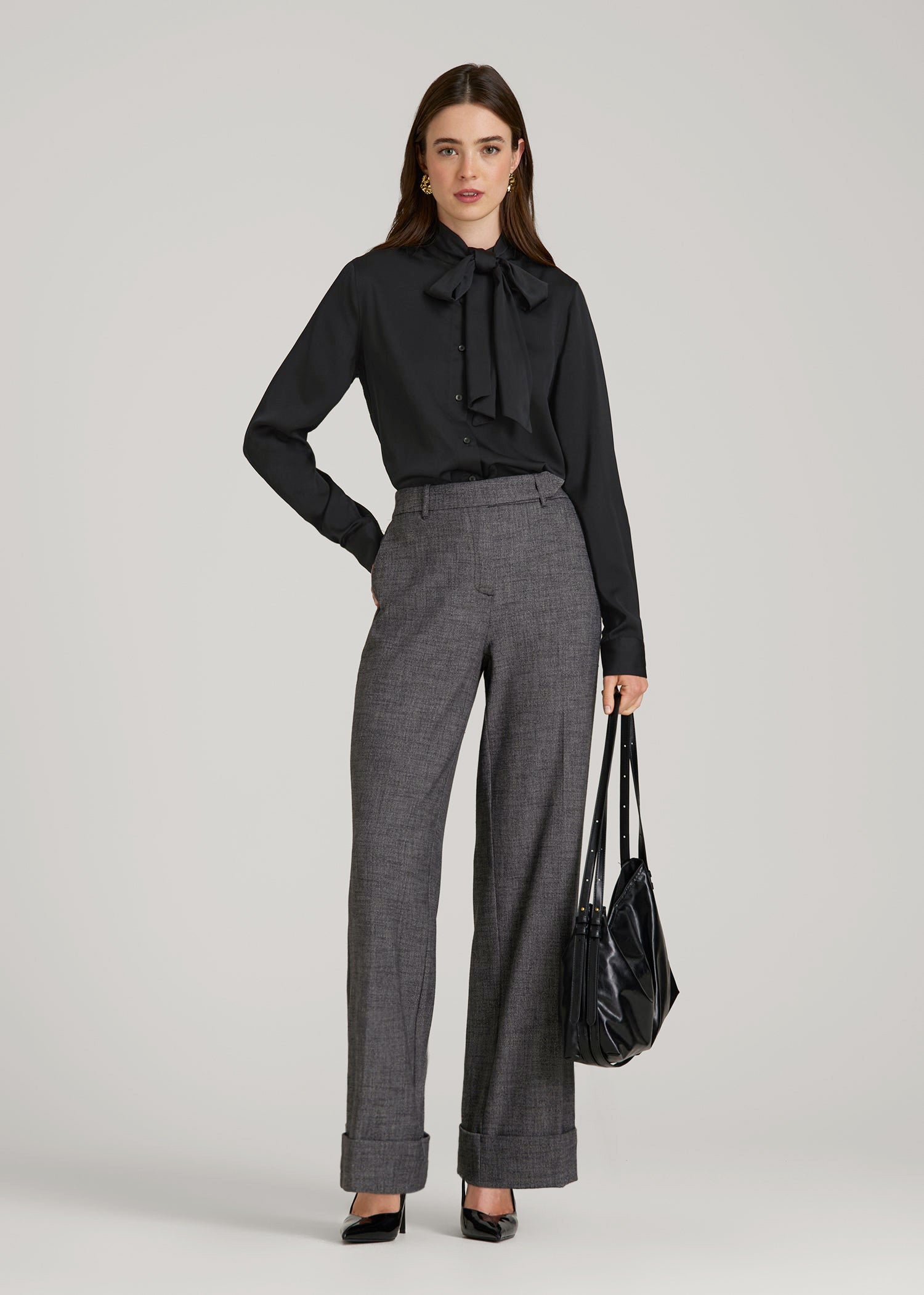 Satin Blouse With Bow for Tall Women in Black