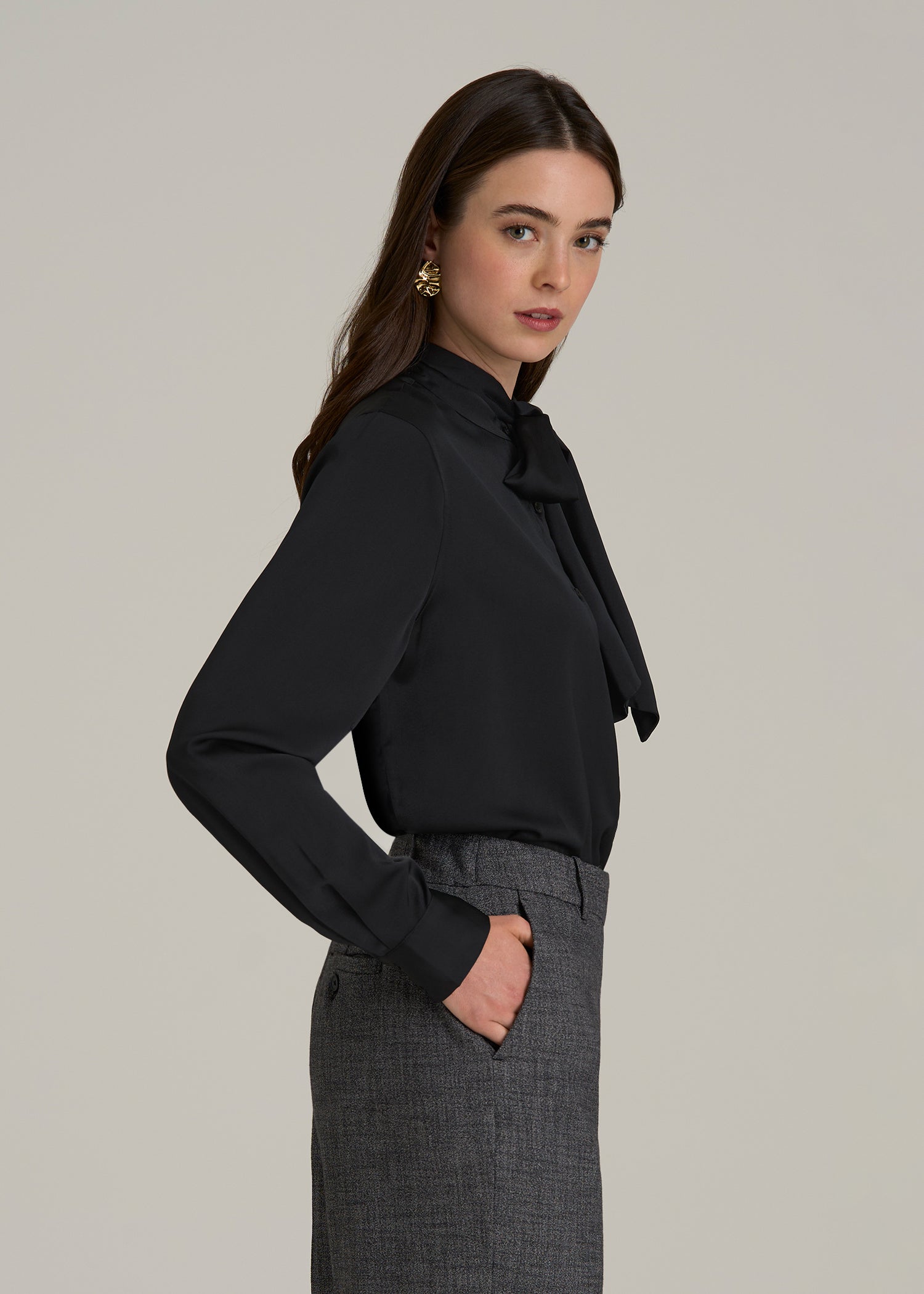 Satin Blouse With Bow for Tall Women in Black
