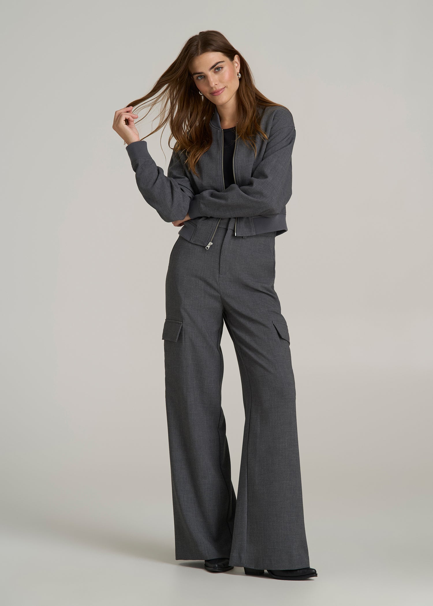 Cropped Bomber Jacket for Tall Women in Graphic Charcoal