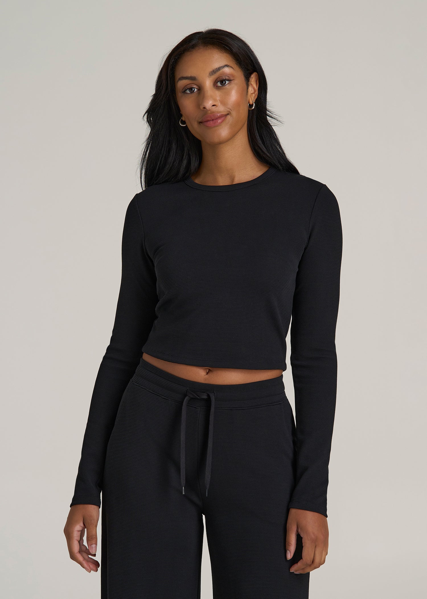 Cropped Long Sleeve Waffle Shirt for Tall Women in Black