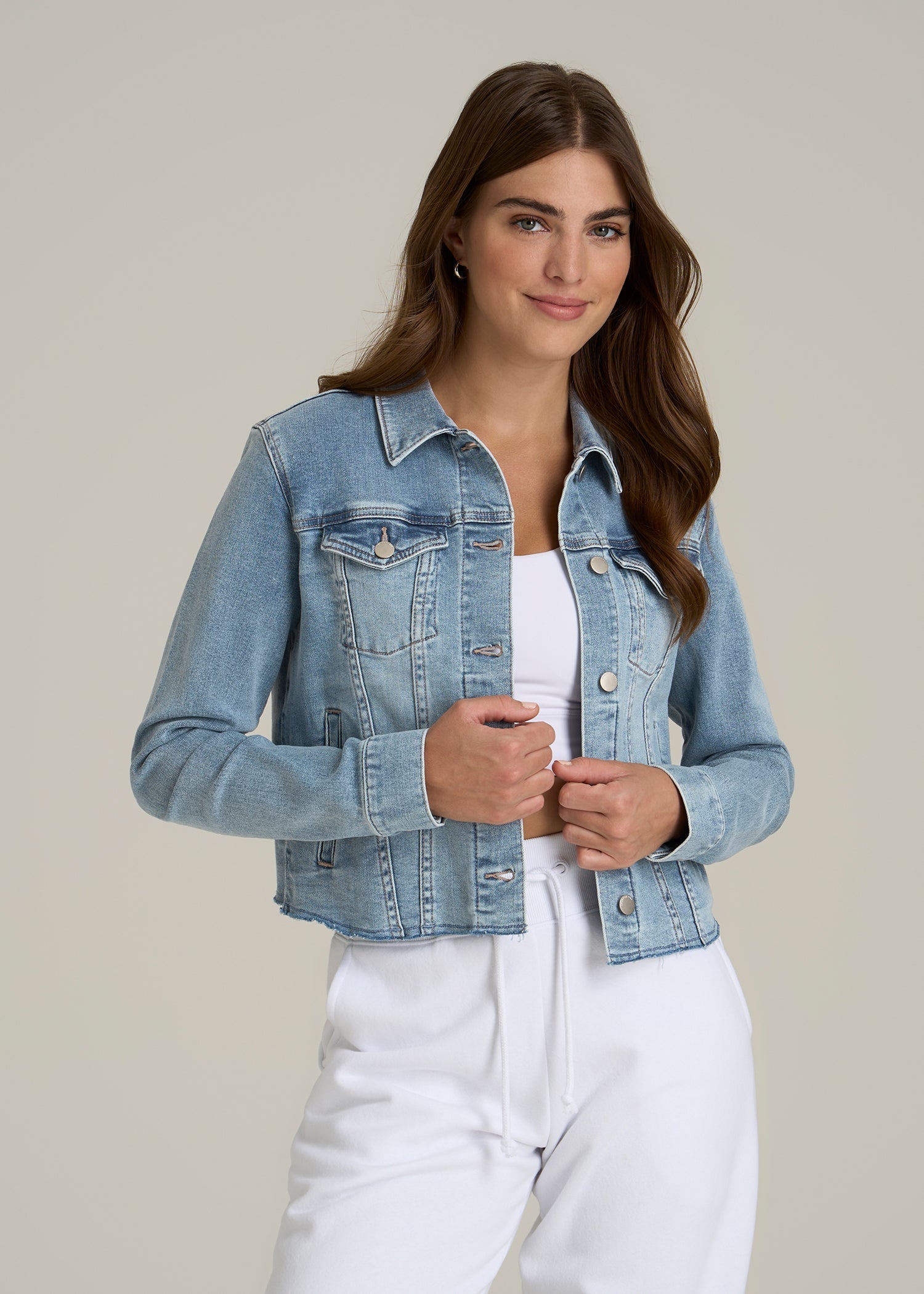Cropped Stretch Denim Jacket for Tall Women in Perfect Blue