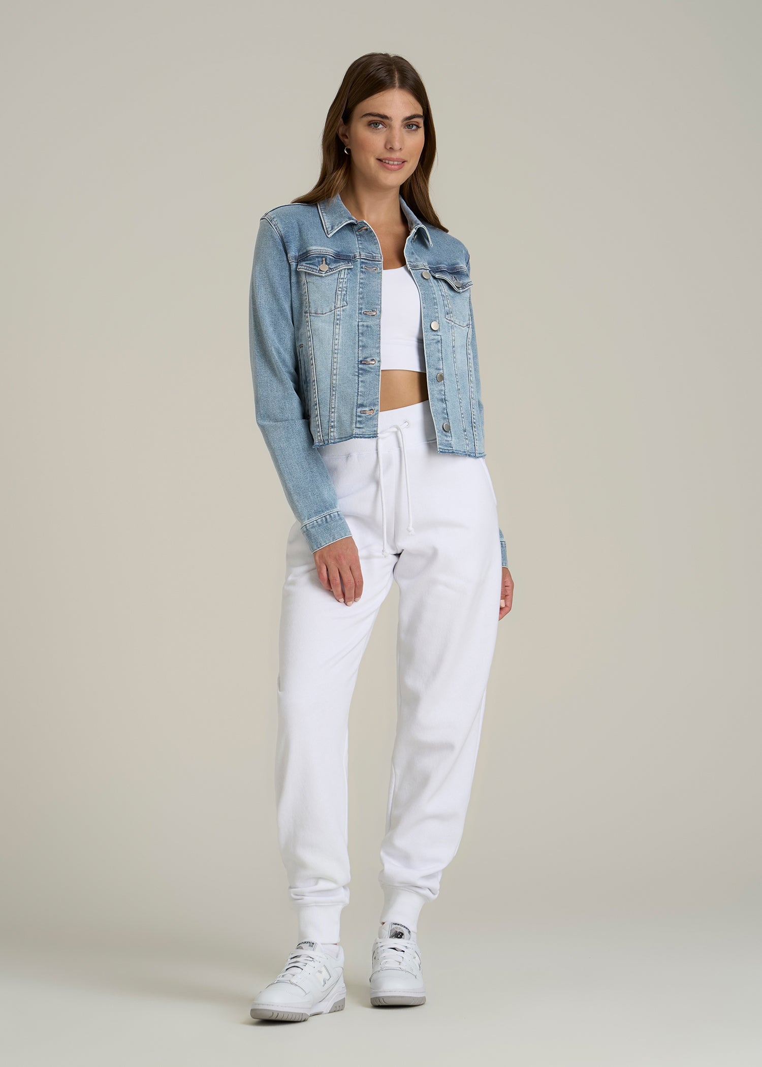 Cropped Stretch Denim Jacket for Tall Women in Perfect Blue