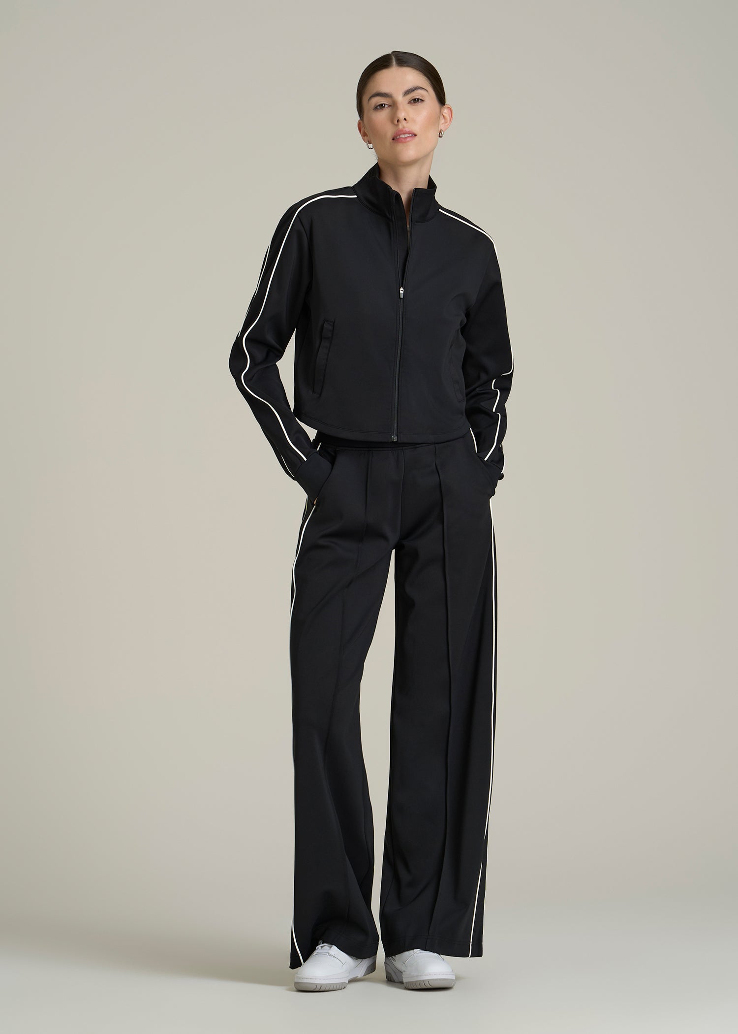 Cropped Track Jacket with Piping for Tall Women in Black