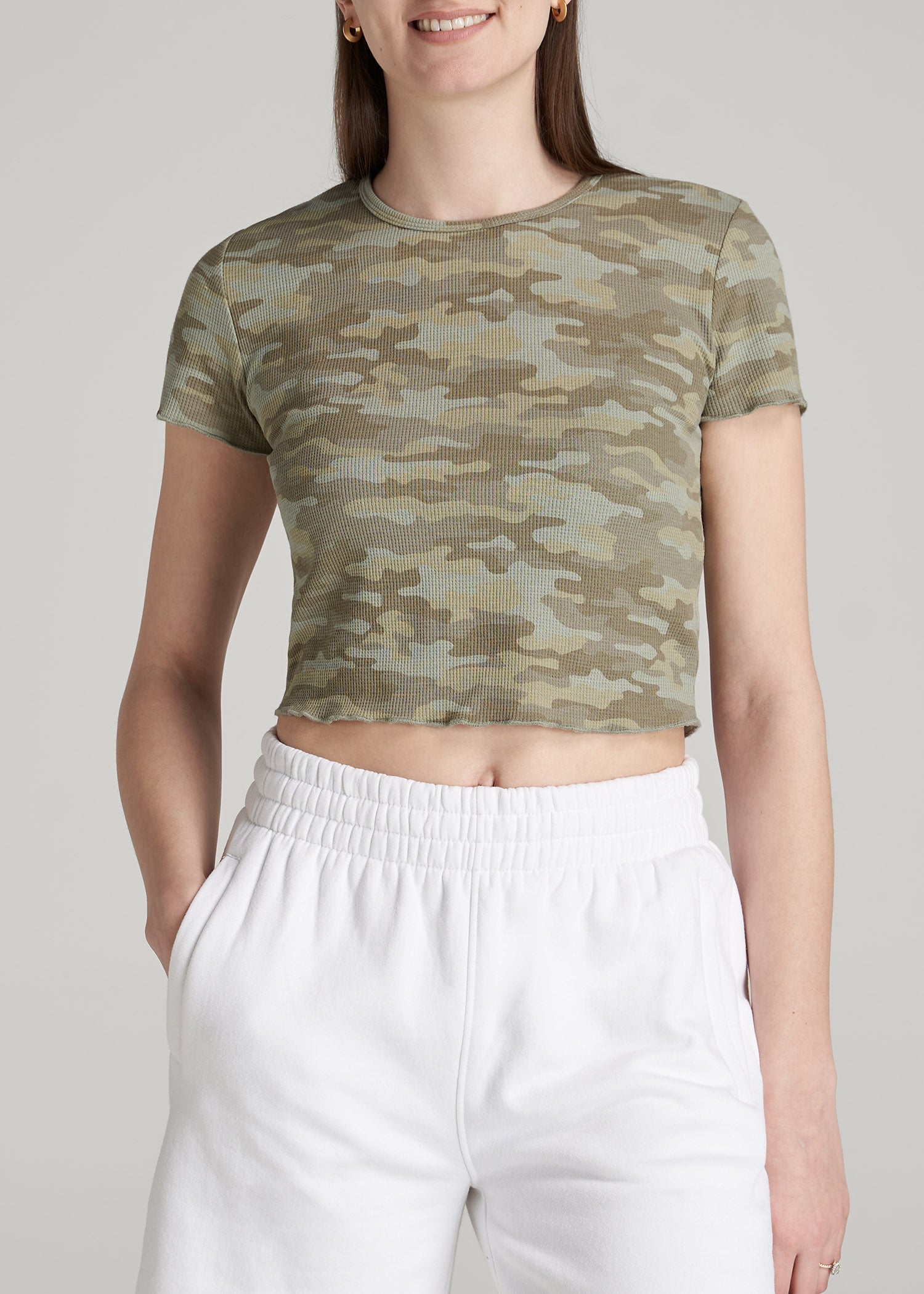 Women's Tall Cropped Waffle Green Tee Camo Print | American Tall