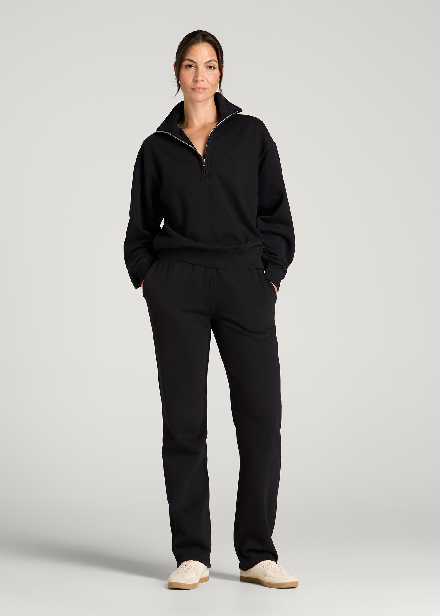 Everyday Straight Leg Open Bottom Fleece Pants for Tall Women in Black