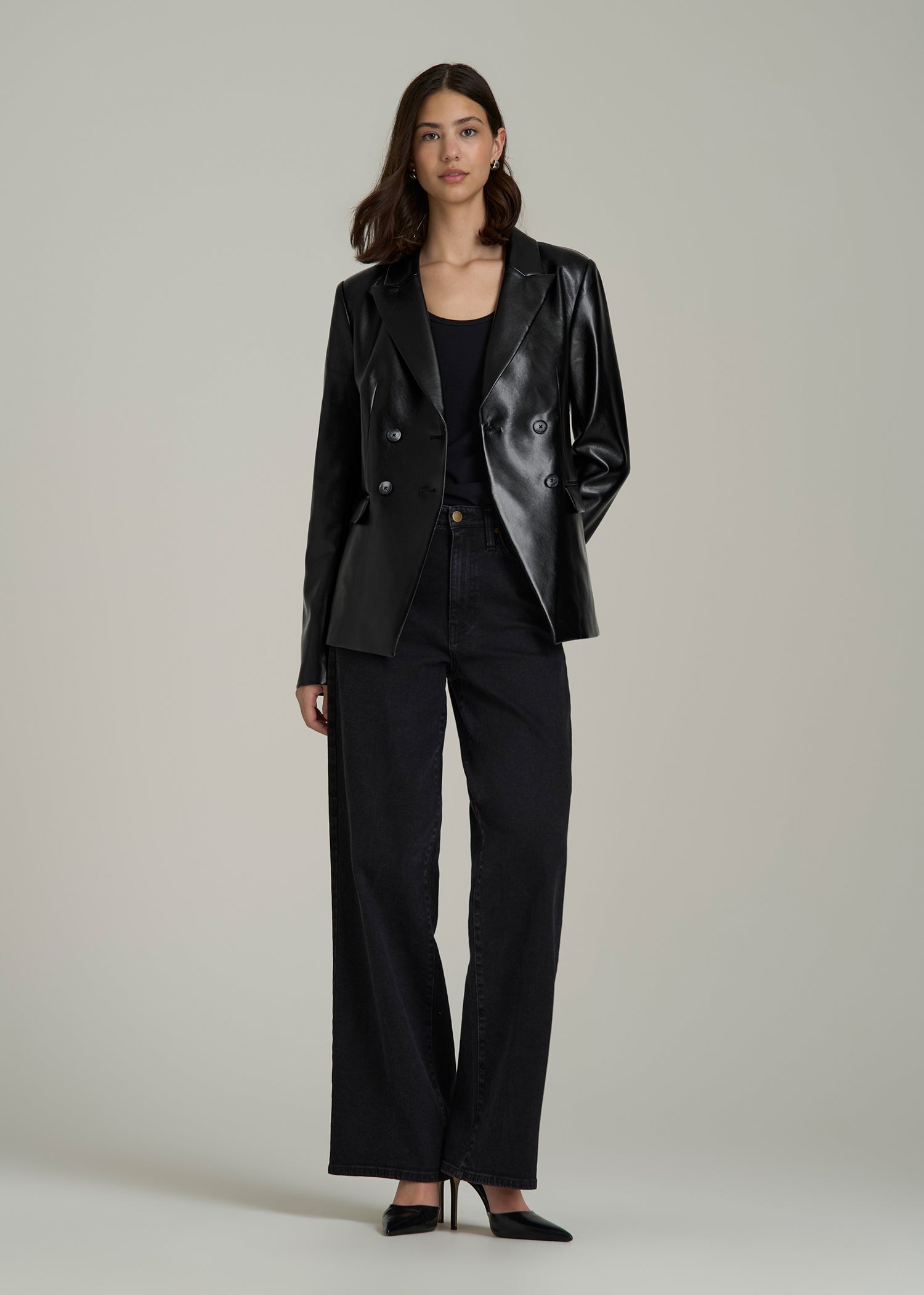 True Touch Leather Double Breasted Blazer for Tall Women in Black