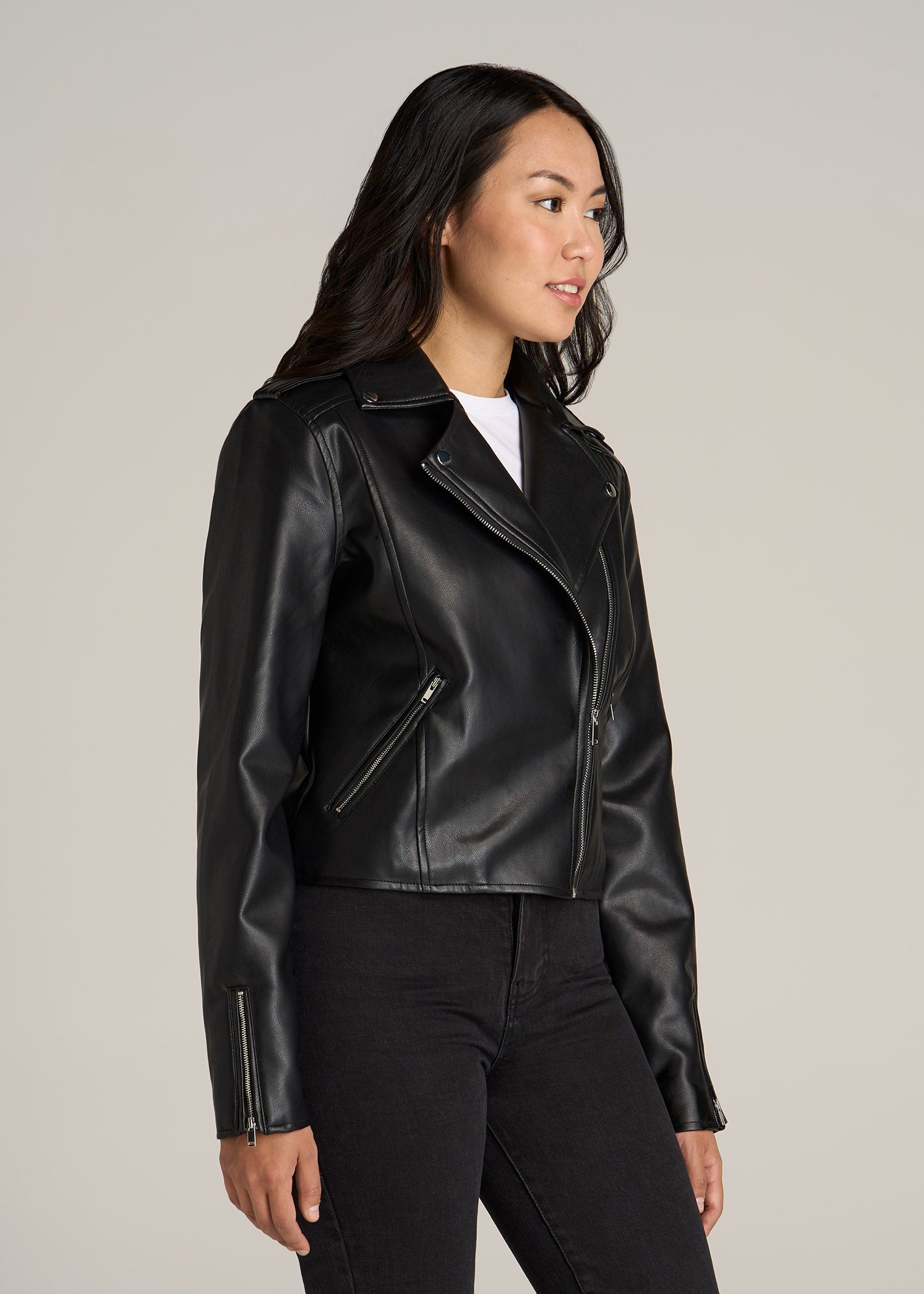 Cropped True Touch Leather Moto Jacket for Tall Women in Black