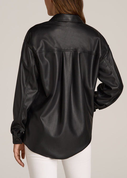 Faux Leather Shirt Jacket for Tall Women in Black