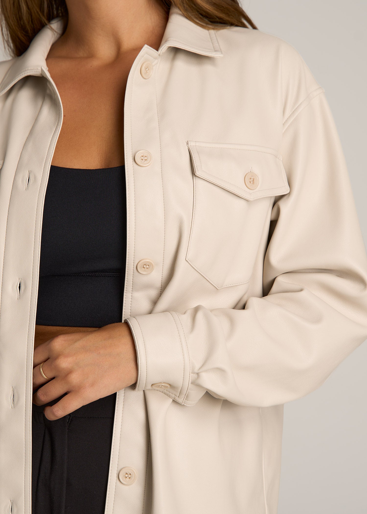 True Touch Leather Shirt Jacket for Tall Women in Vanilla Latte