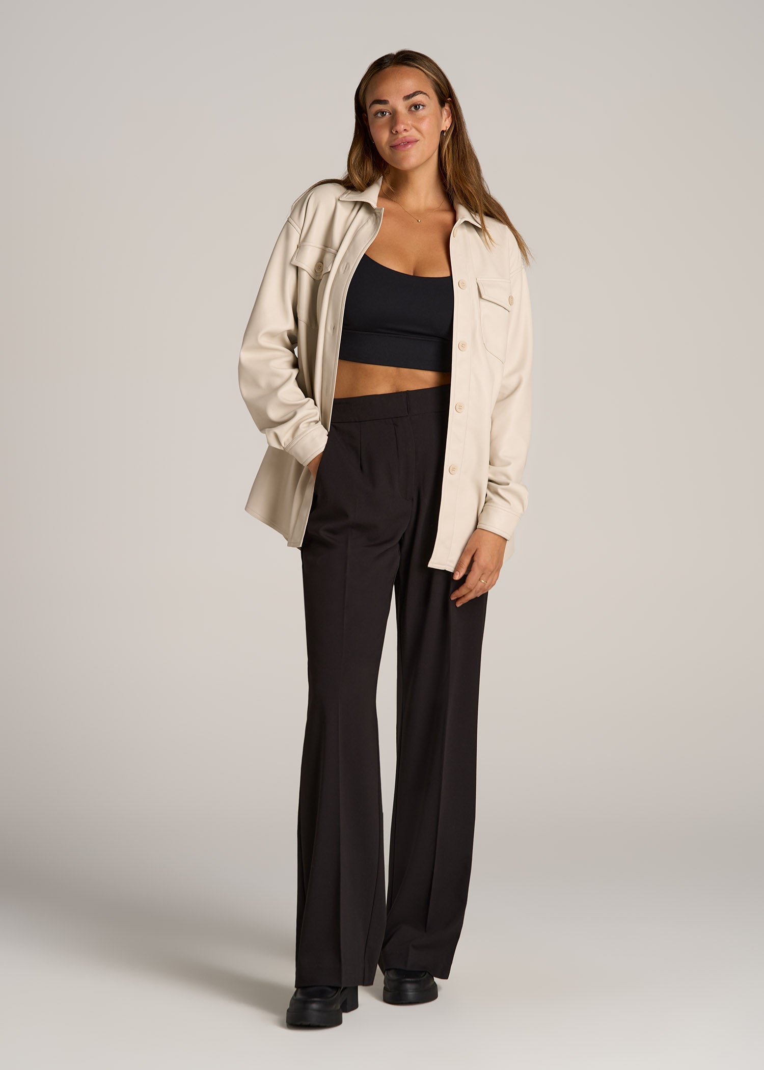 True Touch Leather Shirt Jacket for Tall Women in Vanilla Latte