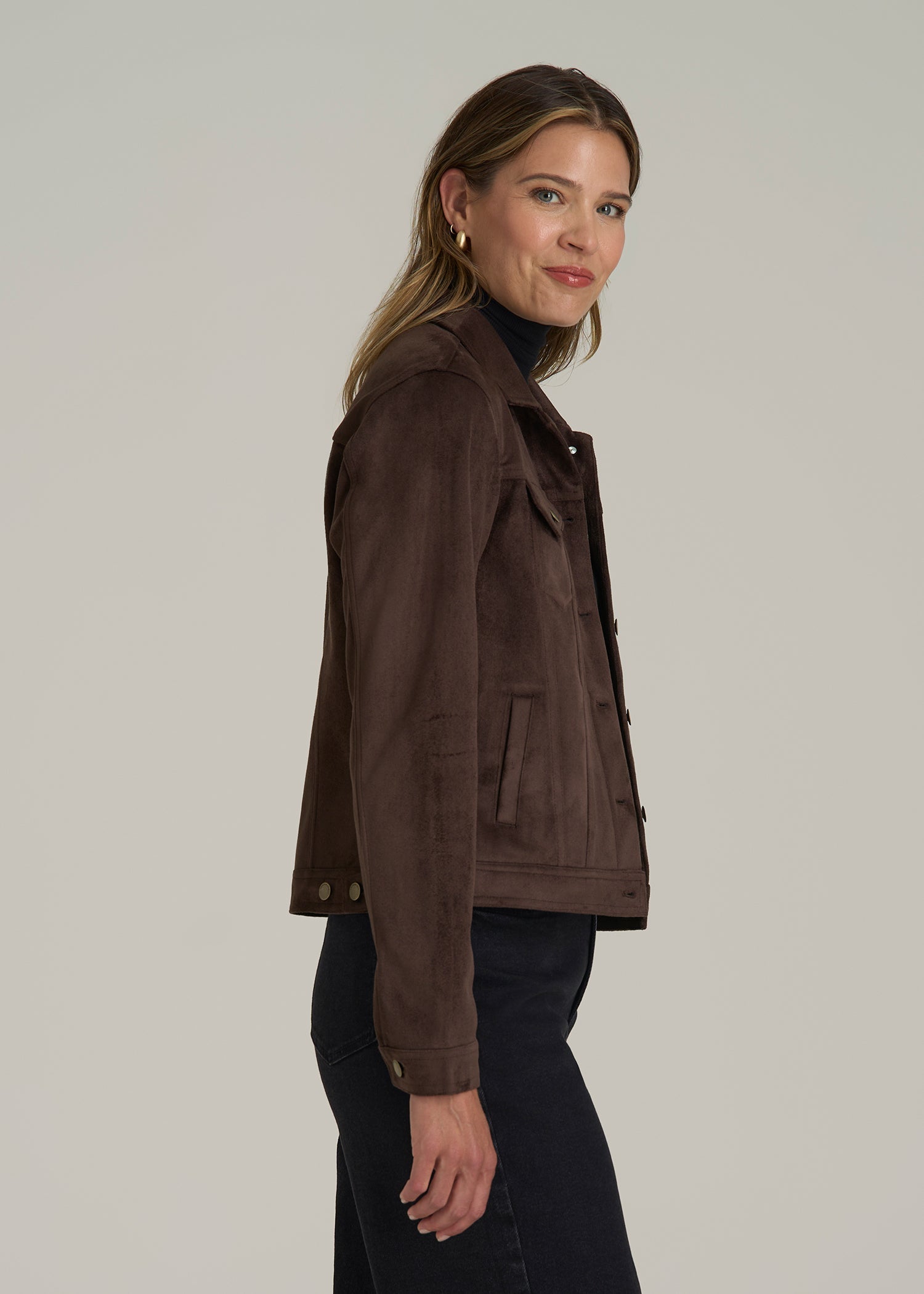 True Touch Suede Trucker Jacket for Tall Women in Espresso