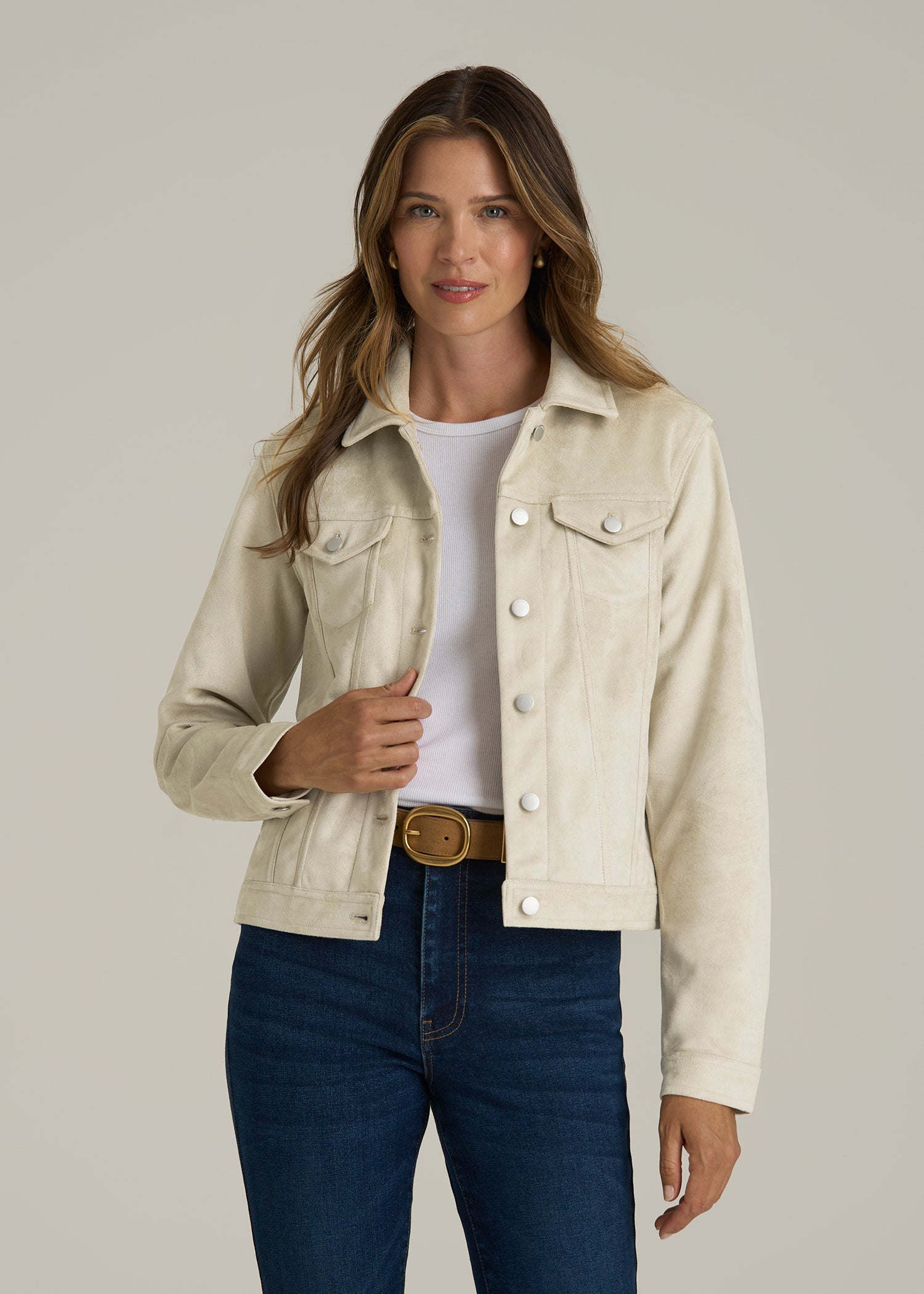 True Touch Suede Trucker Jacket for Tall Women in Overcast