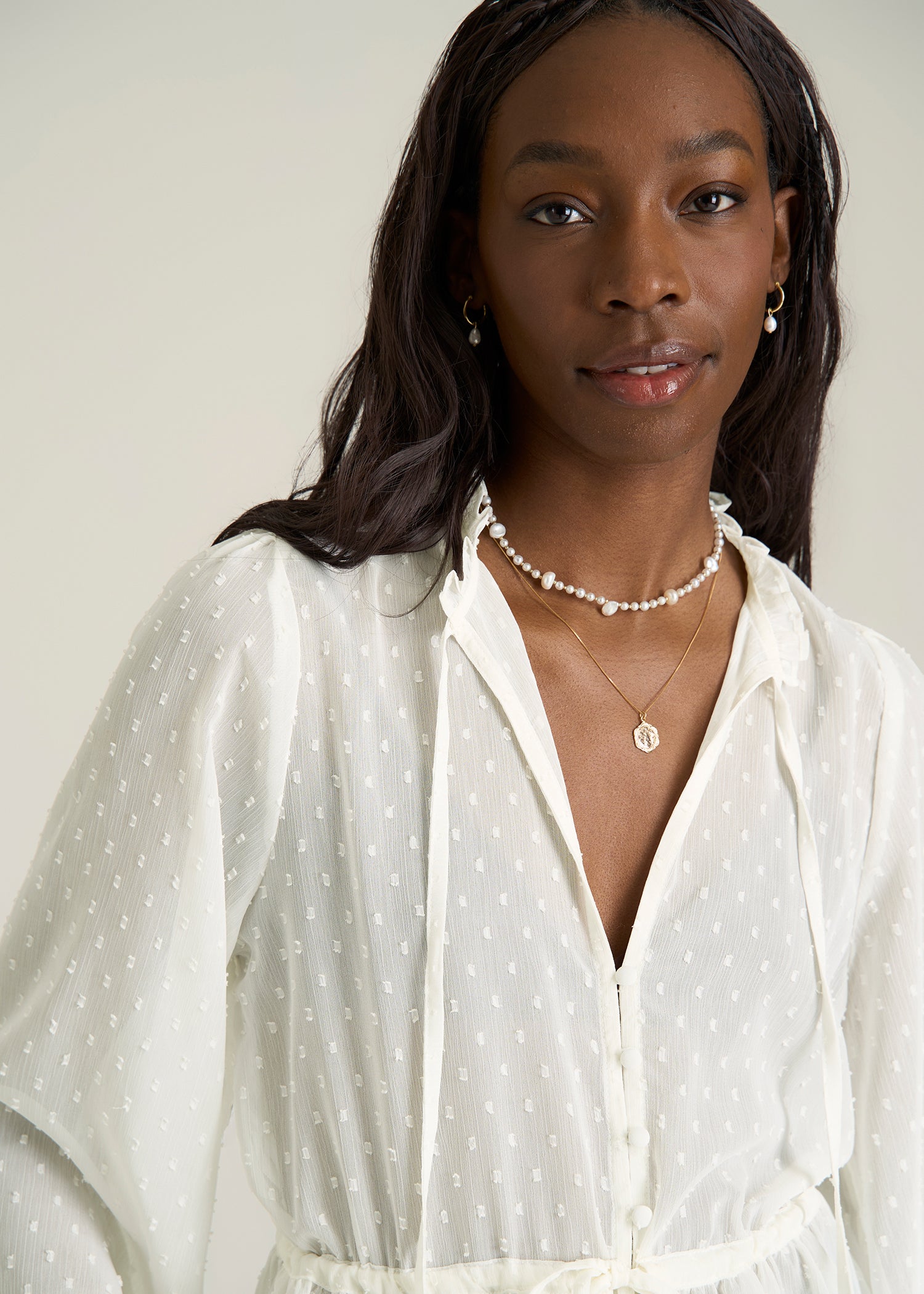 Peasant Chiffon Blouse for Tall Women in Antique White