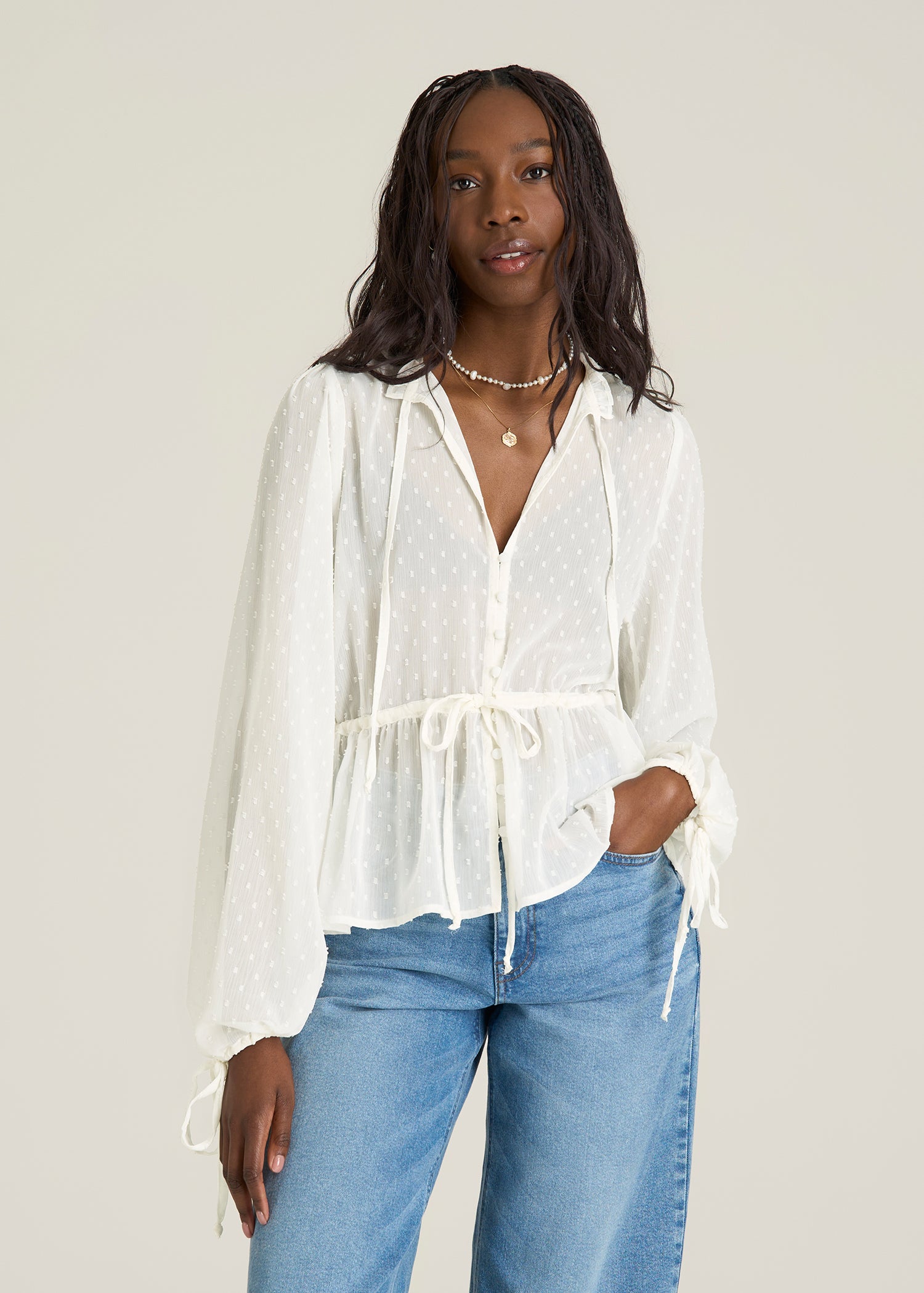 Peasant Chiffon Blouse for Tall Women in Antique White