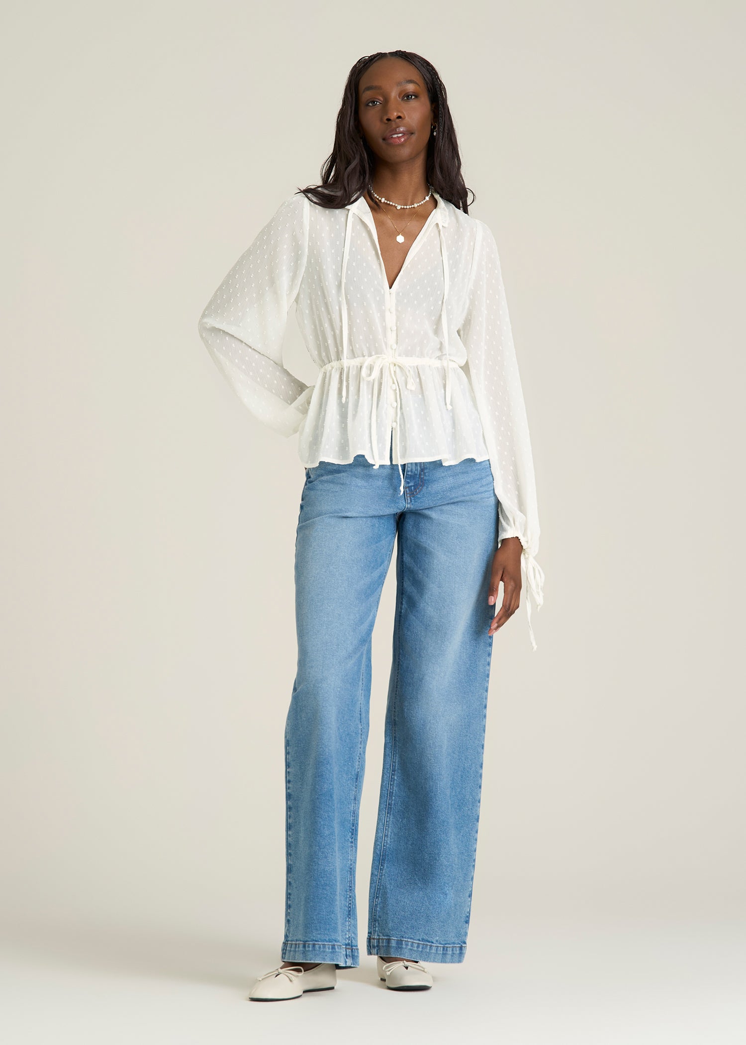 Peasant Chiffon Blouse for Tall Women in Antique White